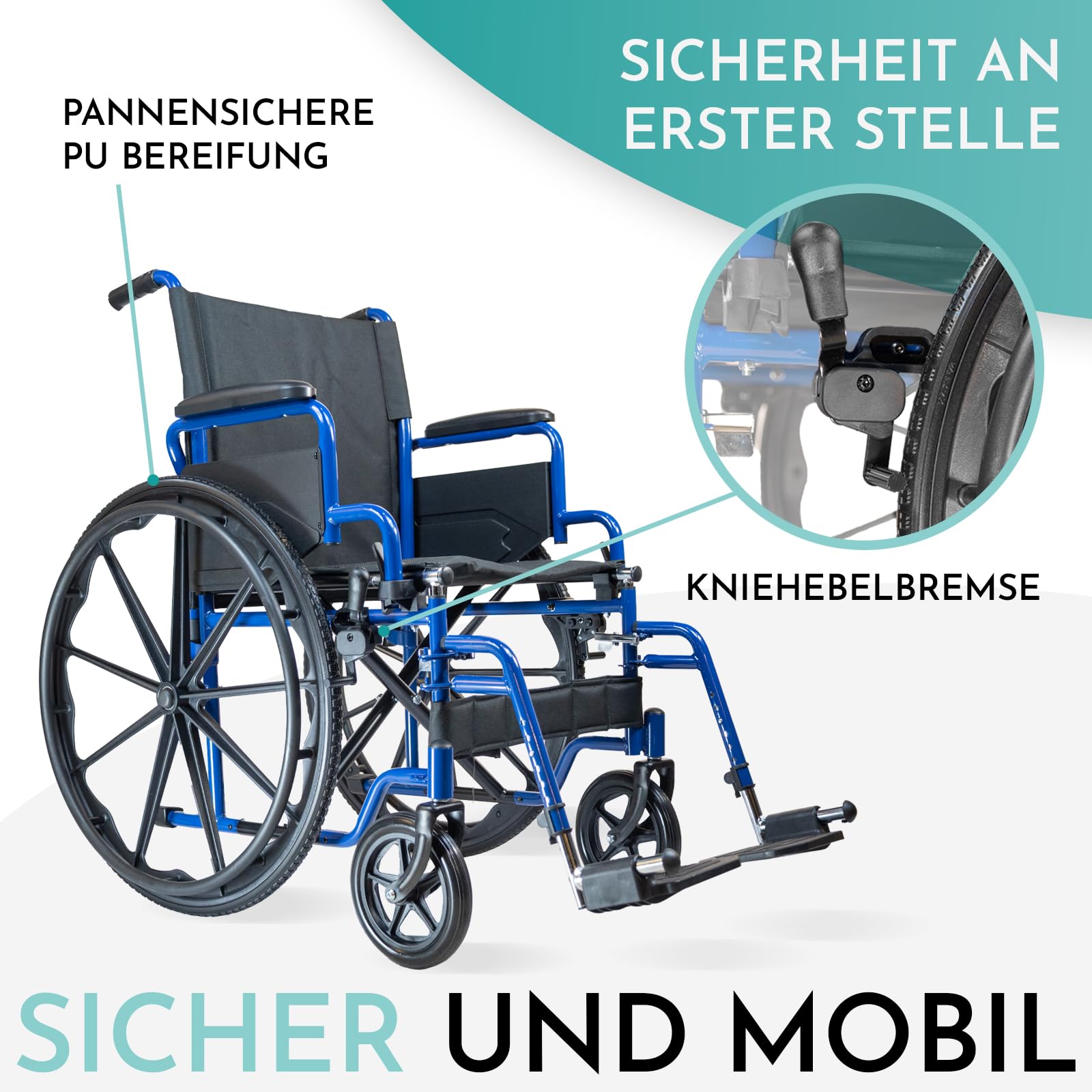 Rollstuhl RIO - Transportrollstuhl faltbar 40 cm Sitzbreite | Leichter Greifreifen-Rollstuhl mit Schiebegriffen - klappbare Fußstützen & Armlehnen, ideal als Reiserollstuhl, bis 130 kg