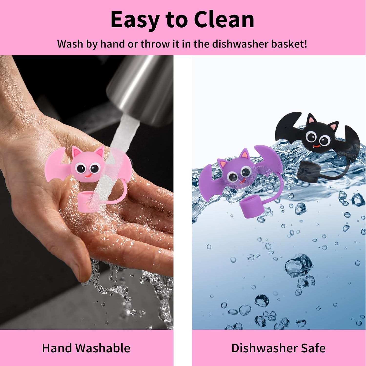 Whaline 4 Pcs Halloween Bat Straw Cover Cap Cute Pink Purple Orange Black Bat Silicone Straws Topper Reusable 10 Mm 0.4 In Straw Lid Protector for 30/40 Oz Tumbler Cup Accessories - Image 4