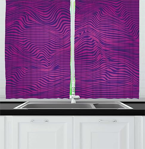 Ambesonne Synthwave - Cortinas largas de cocina, diseño bicolor abstracto retro inspirado en los años 80, patrón de rayas onduladas, dos paneles con