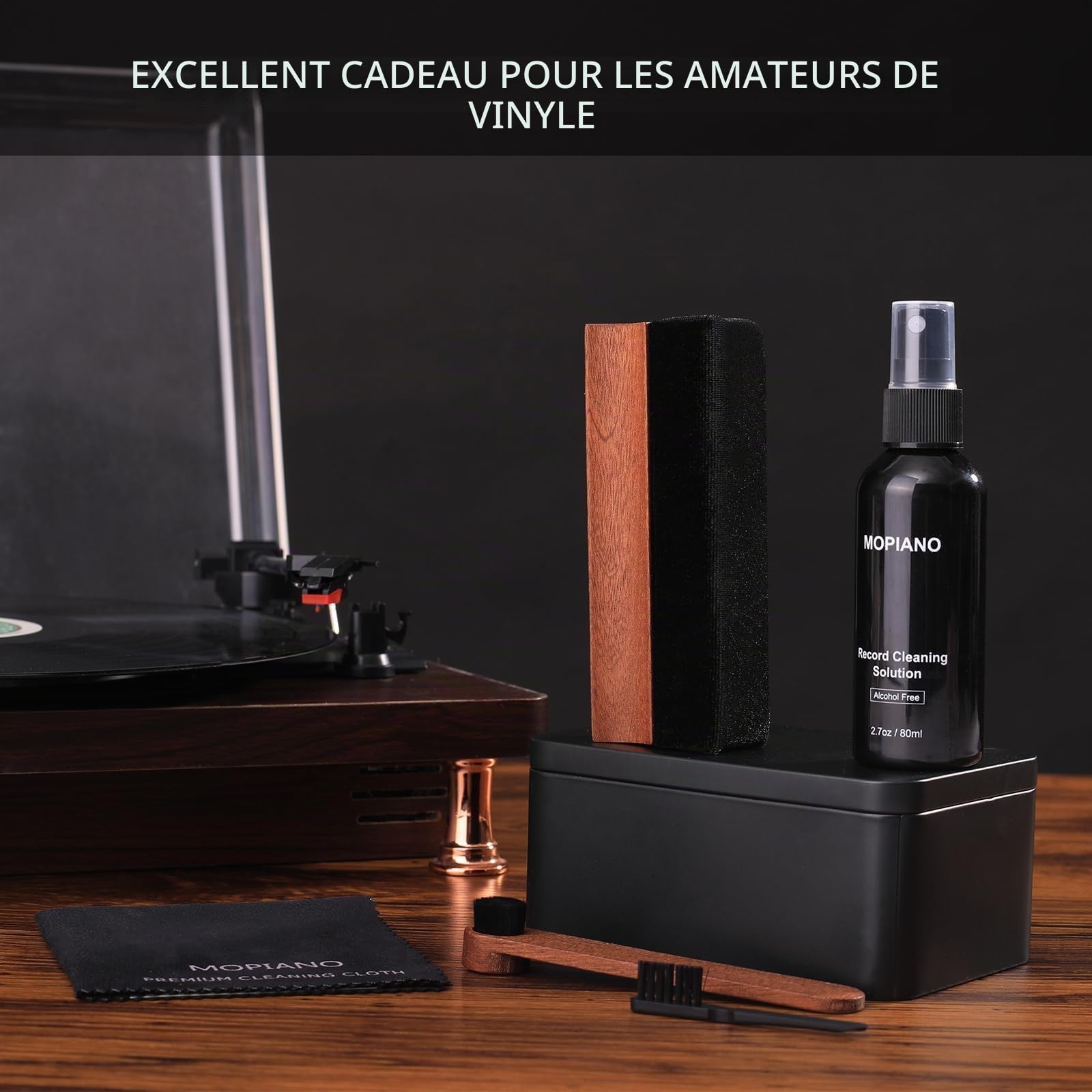 Kit de nettoyage de disque en vinyle Mopiano | Kit complet de nettoyage de disque vinyle 6-en-1 pour albums | Comprend une brosse en velours doux pour disques vinyles, liquide nettoyant pour LP