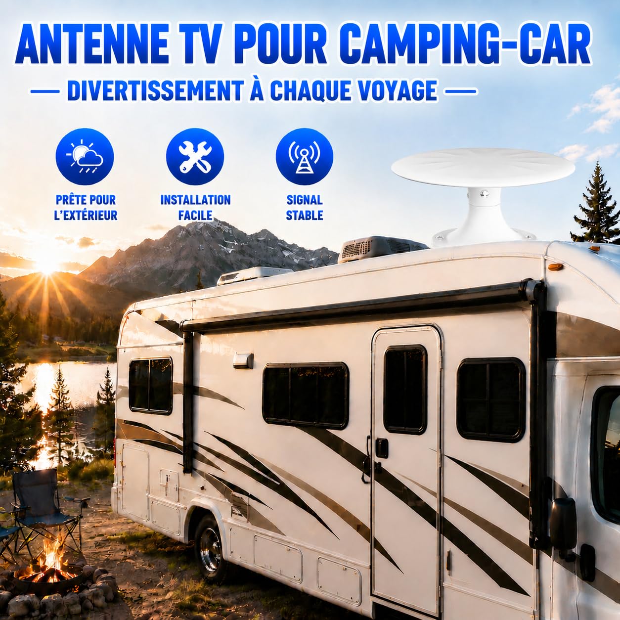 Antena de TV al aire libre TDT HD con amplificador, recepción de largo alcance 360° DVB-T2 - Antena rastrillo resistente a la intemperie - Compatible con TV digital y Smart TV - Cable 4K UHD (RVWhite)