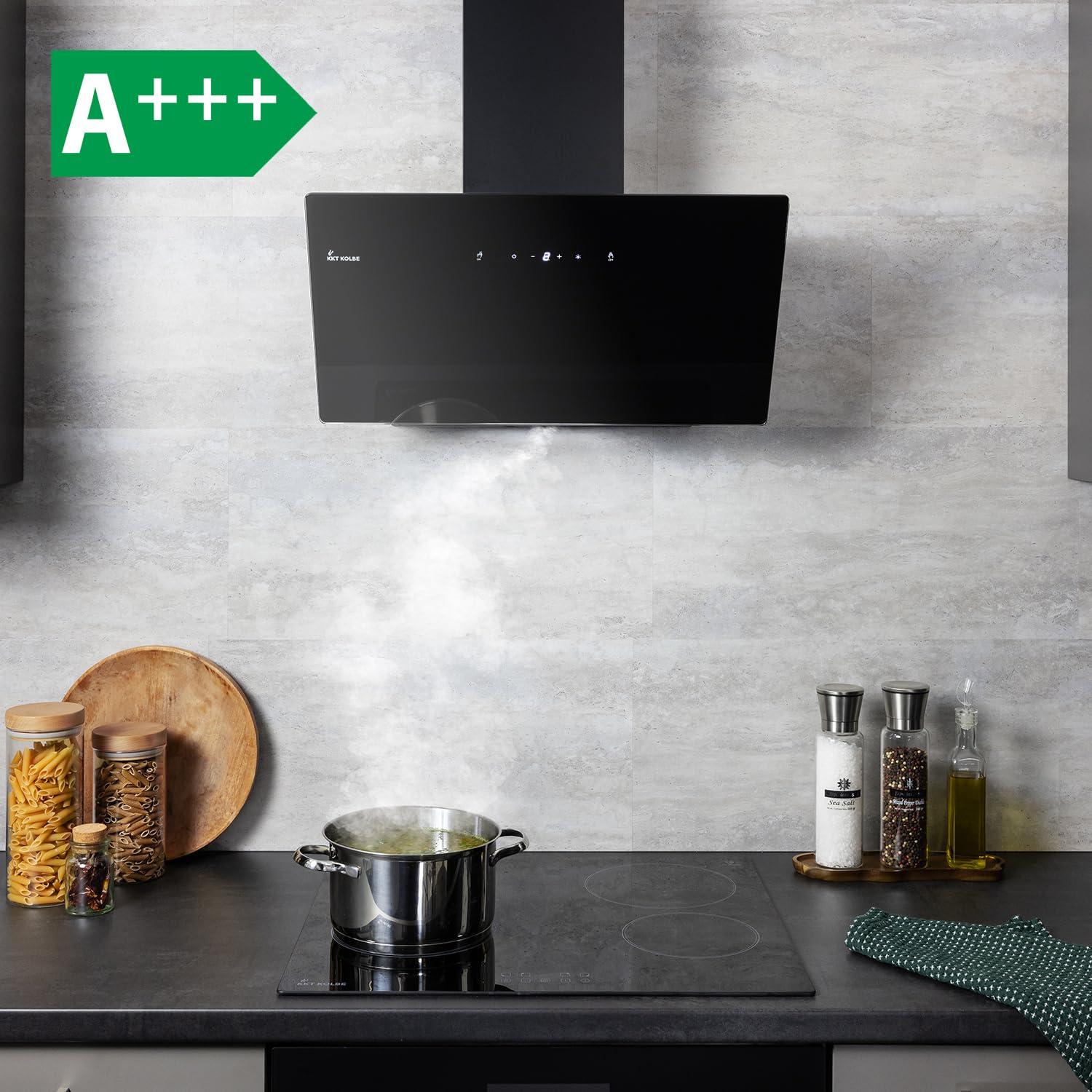 KKT KOLBE Okap kuchenny 60 cm obieg powietrza wylotowego bez głowy okap ścienny czarny szkło oświetlenie LED stal szlachetna SensorTouch BASE6004S