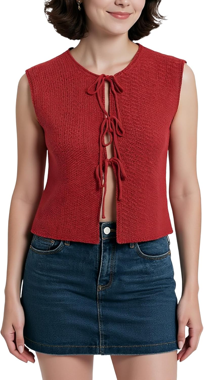 Women's Lace Up Knit Vest Cropped Open Front Light Sleeveless Cardigan Sweater Solid Tops