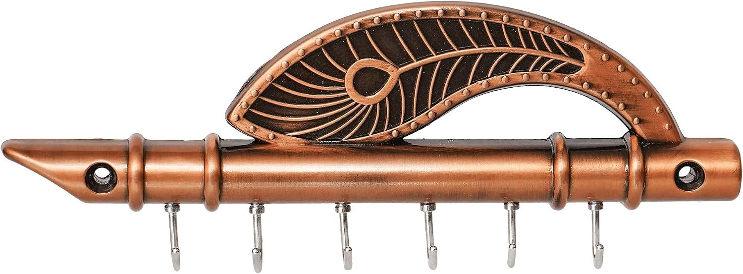 Webelkart Lord Krishna's Flute & Peacock Quills Key Stand Key Holder for Home & Office (Genuine)| Antique Brass Key Holder (18.5 X 6 cm, zinc) (Genuine)