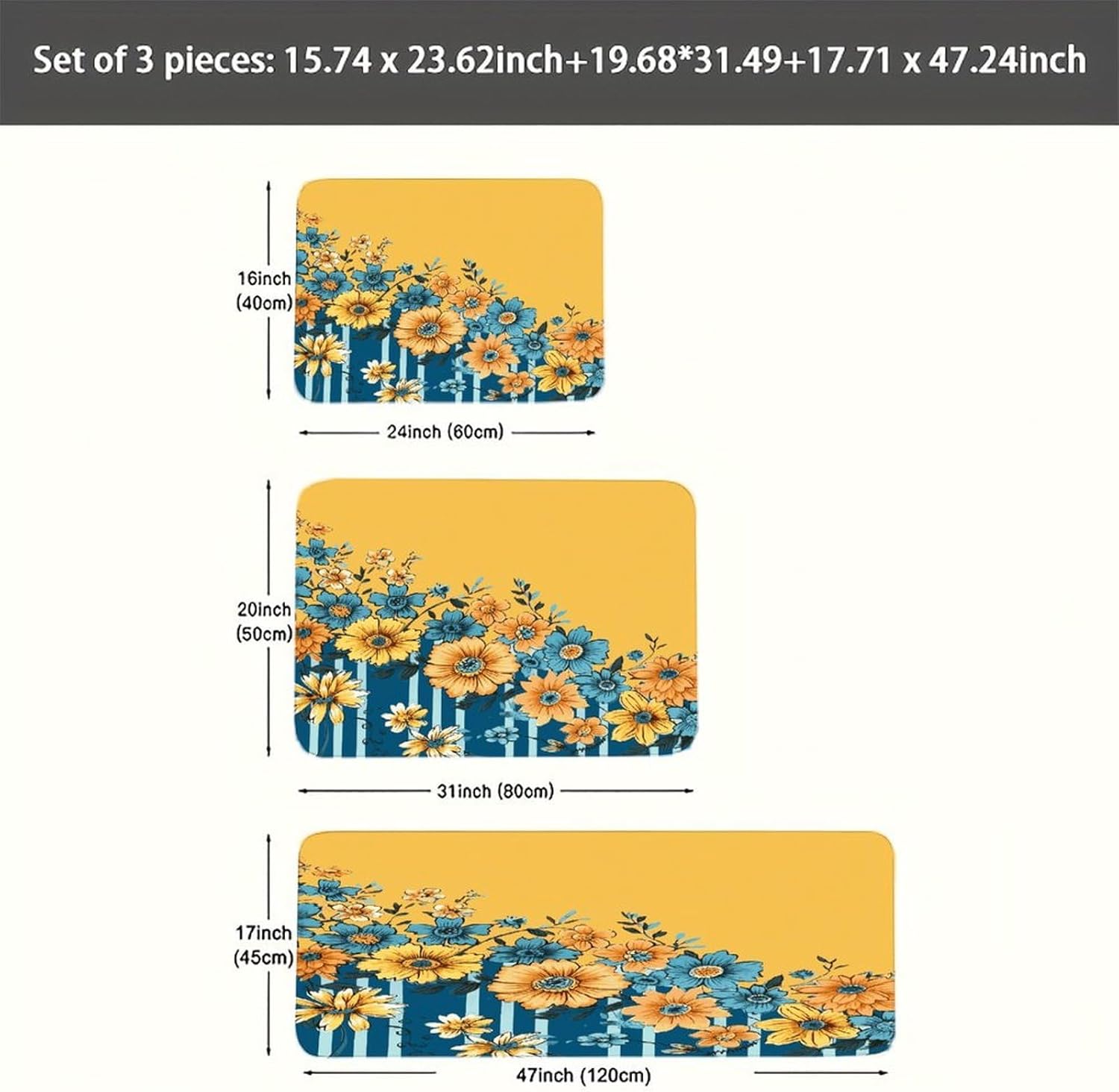 Yellow and Blue Floral Kitchen Mats Soft Absorbent Rugs for Floor Non Slip Washable Kitchen Mats Fashion Rectangular Rugs for Three-Piece Set for Laundry Office Home Sink