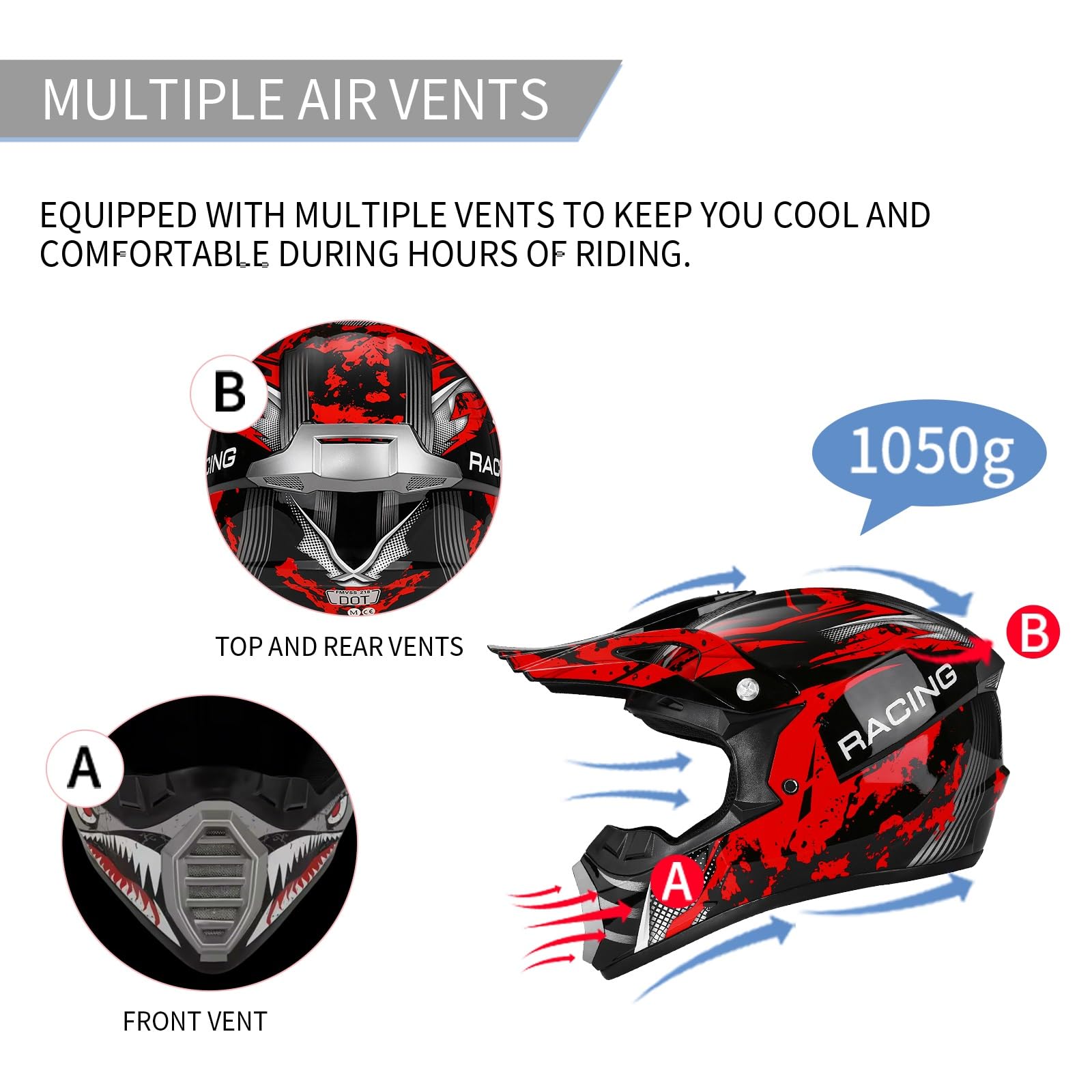 Cascos De Motocross Niño, Casco De Moto Hombre Mujer, para Niños Y Jóvenes, Integral, para Todoterreno, Calle, Motocross, BMX, MX, UTV, con Guantes, Gafas Y Máscara (Juego De 4 Piezas)