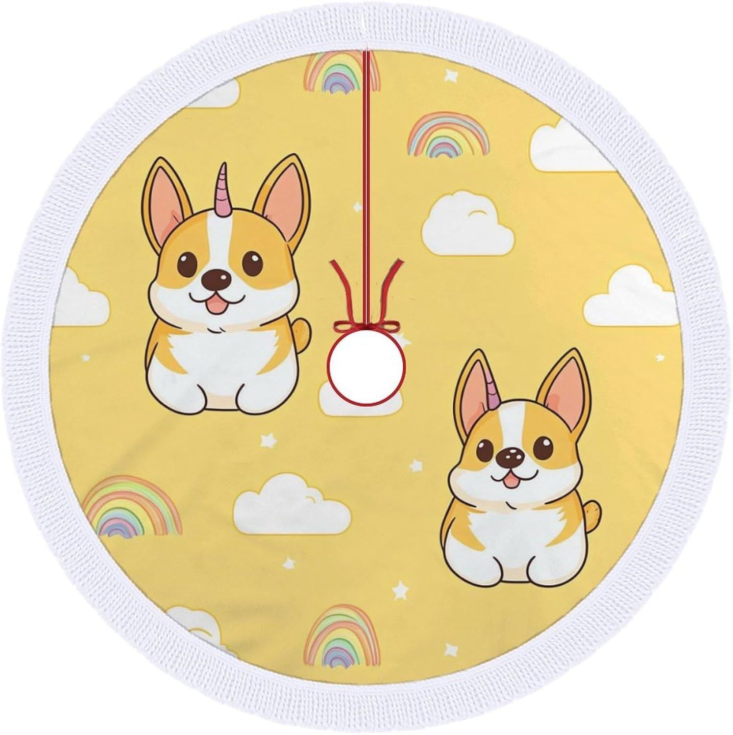 Corgi Dog Christmas Tree Skirt Round Xmas Tree Mat Ornaments Tree Skirts with Tassels for Holiday Party