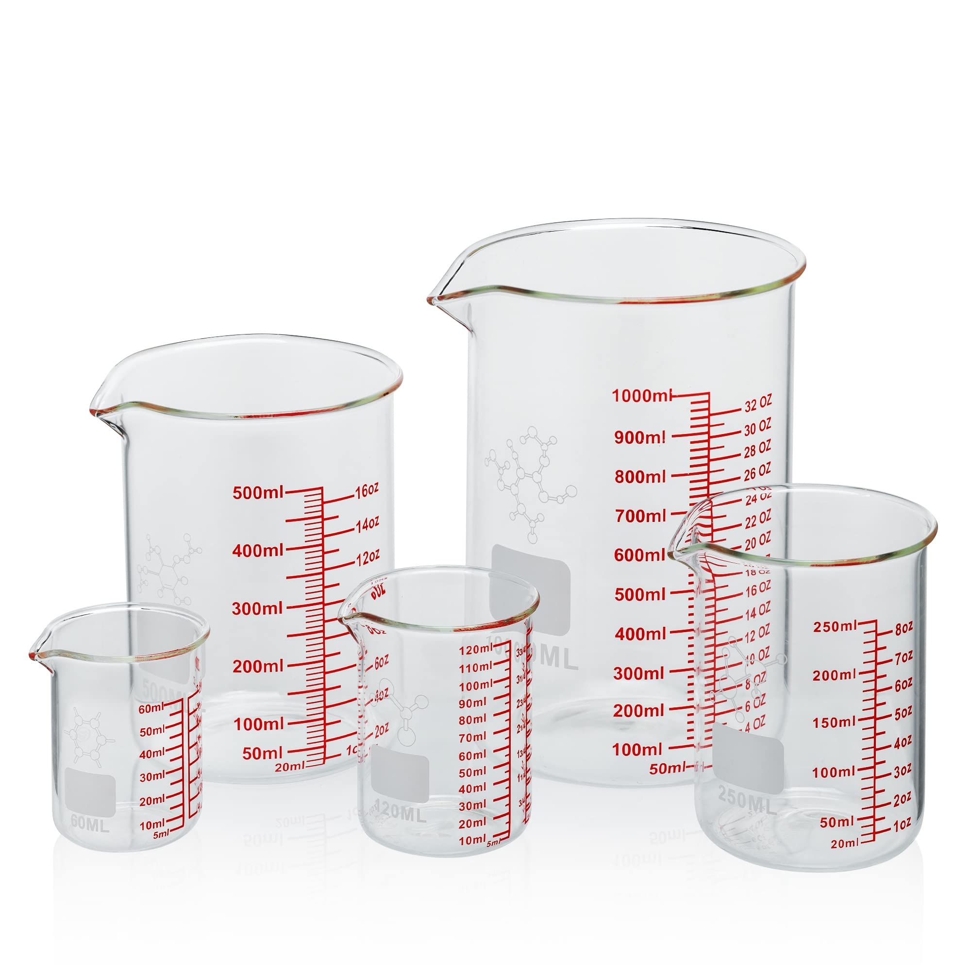 High Borosilicate Glass Measuring Cup Set-V-Shaped Spout,Includes 60ml(2OZ), 120ml(4OZ), 250ml(8OZ), 500ml(16OZ), and 1000ml (32OZ) for Kitchen or Restaurant, Easy to Read