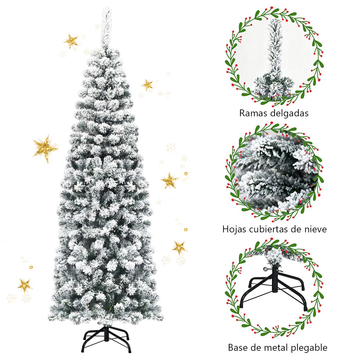 COSTWAY 180cm Árbol de Navidad Artificial Nevado, Agujas de PVC de 500 Puntas, Árbol de Navidad Slim/Estrecho, Soporte de Metal, y Decorativa Nieve para Hogar Oficina Fiesta (180 cm)