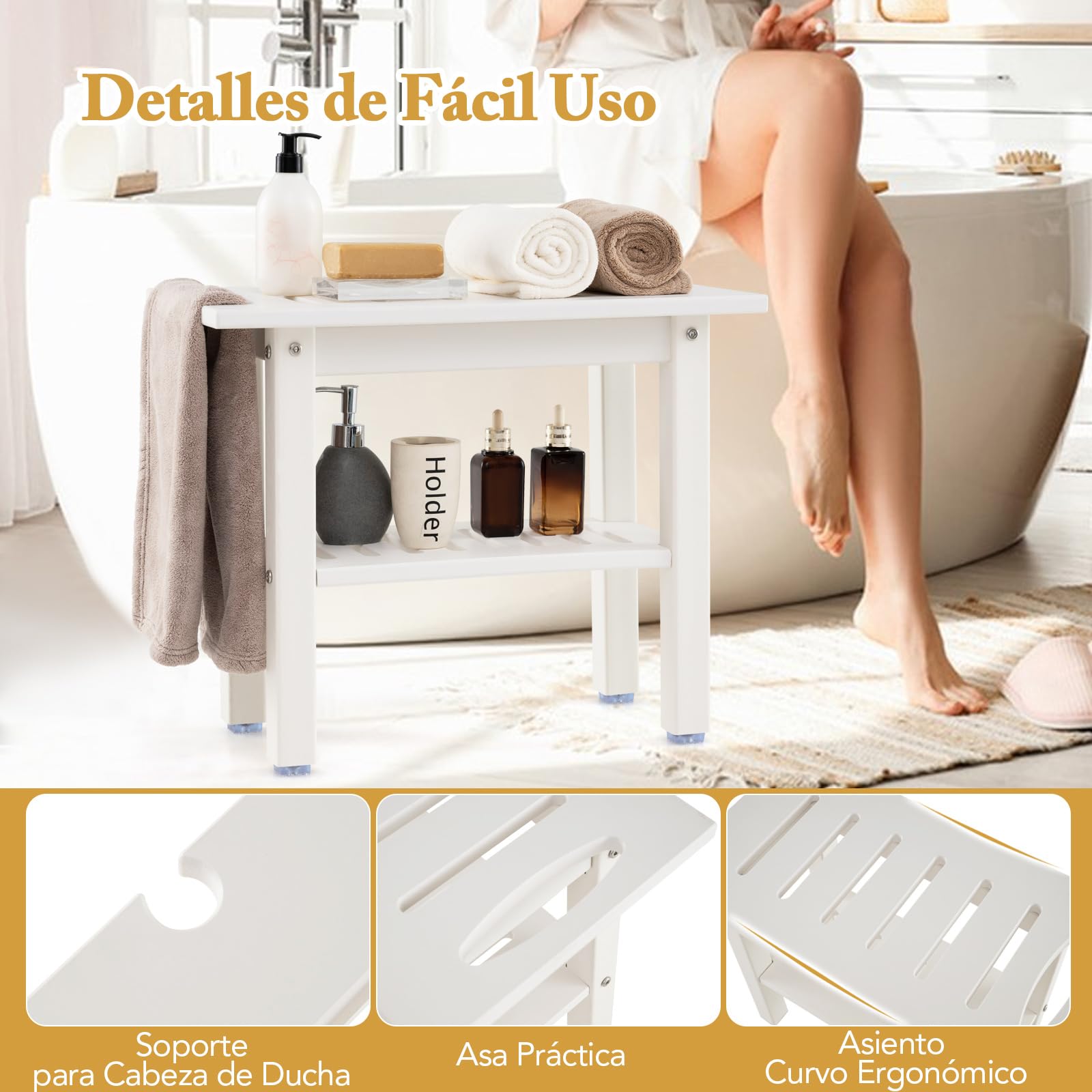 COSTWAY Taburete de Ducha, Banco de Ducha Impermeable de Baño con Estante de Almacenamiento de Madera, Asiento Bañera Adulto para Ducha para Uso en Interiores y Exteriores