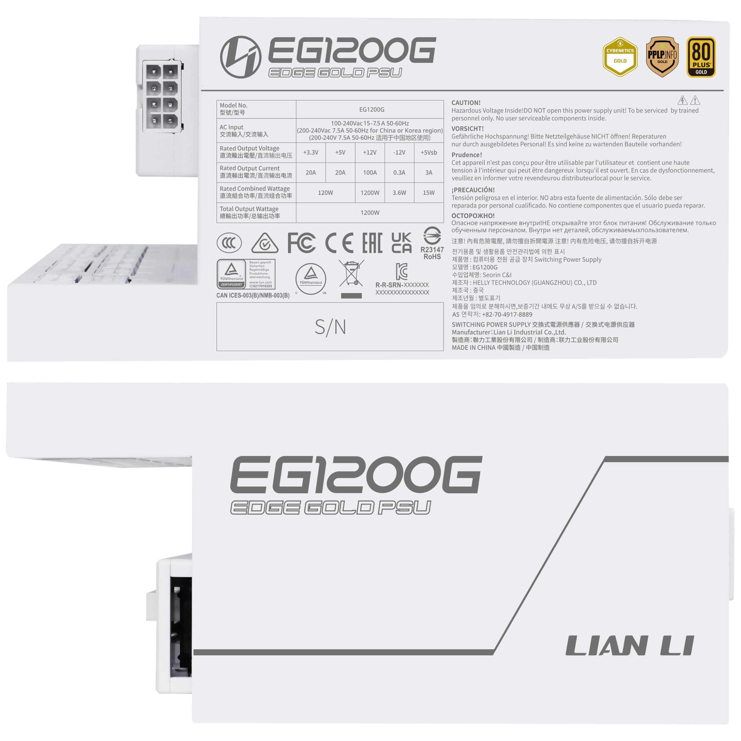Lian Li Edge Gold 1200 80 Plus Gold Netzteil, Pcie 5.1, Atx 3.1 - 1.200 Watt, Wei?, Inkl. UsB-Hub (eg1200g White)