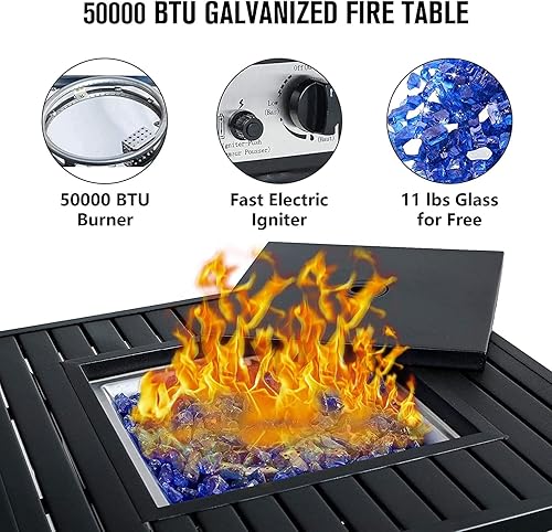 Miniatura 3 de PHI VILLA Juego de mesa de comedor para exteriores con fogata de gas de 28 pulgadas, 50000 BTU de encendido automático de gas propano con 4 sillas