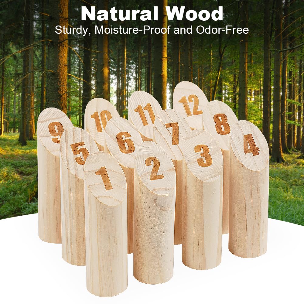 OSDUE 16 Pièces Jeu de Quilles Nordique, Jeu de Plein air Beige Bois Jeux de Plein air pour Adultes Jardin, Pique-Nique, Plage, Fête
