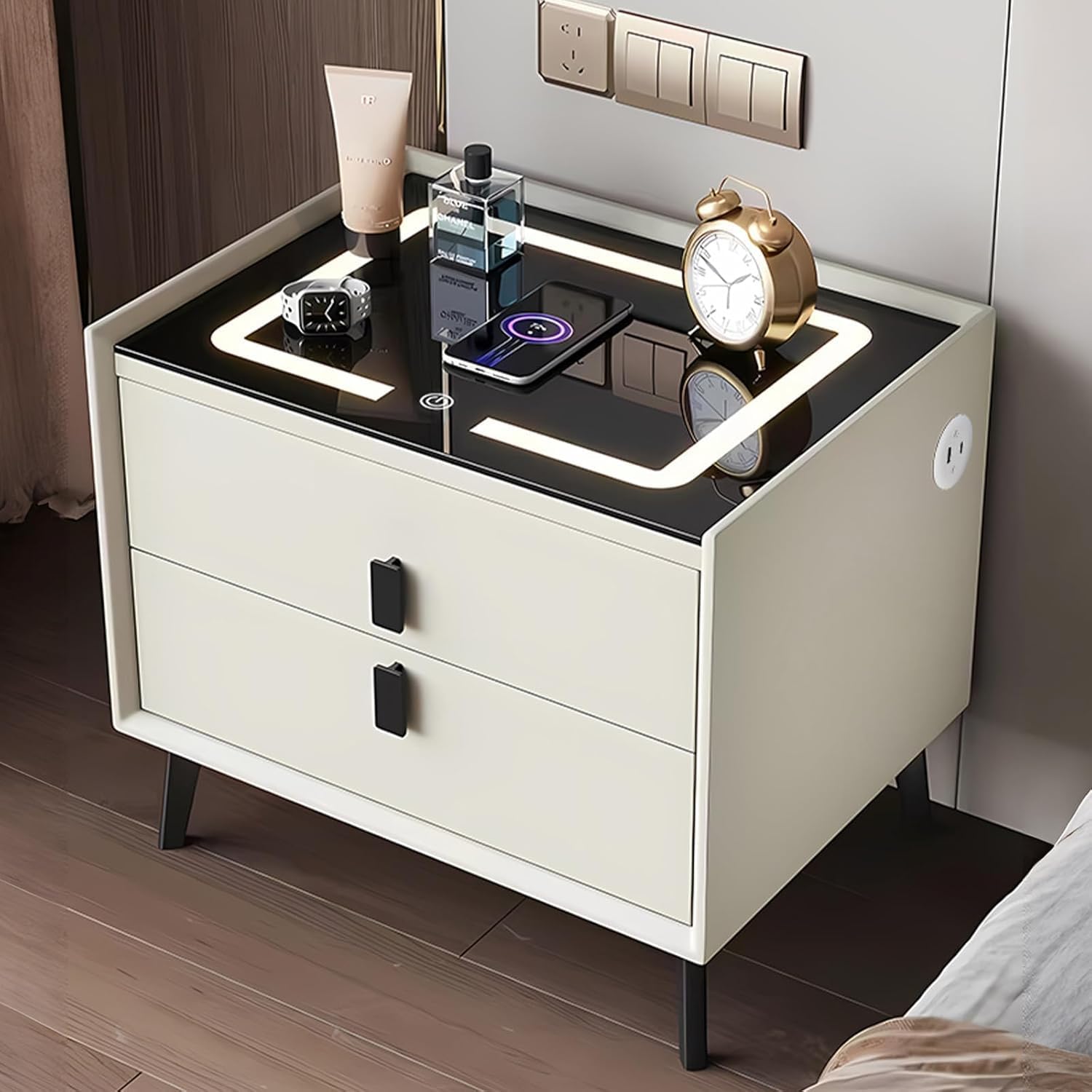 – Smart Bedside Table, Nightstand Multi-Functional End Table, Wooden Side Table, with Wireless Charging USB Portfor Home Living Room Bedroom Hotel Office (white)