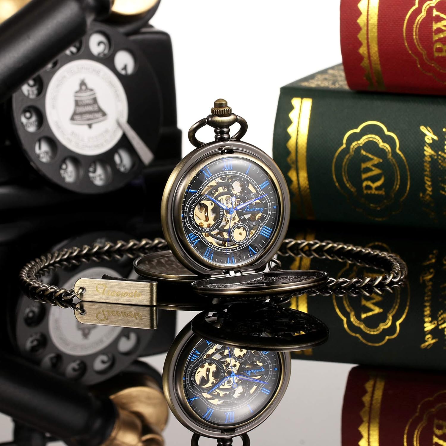 TREEWETO Men's Retro Double Open Skeleton Mechanical Roman Numerals Shield Pocket Watch with Chain for Men Women