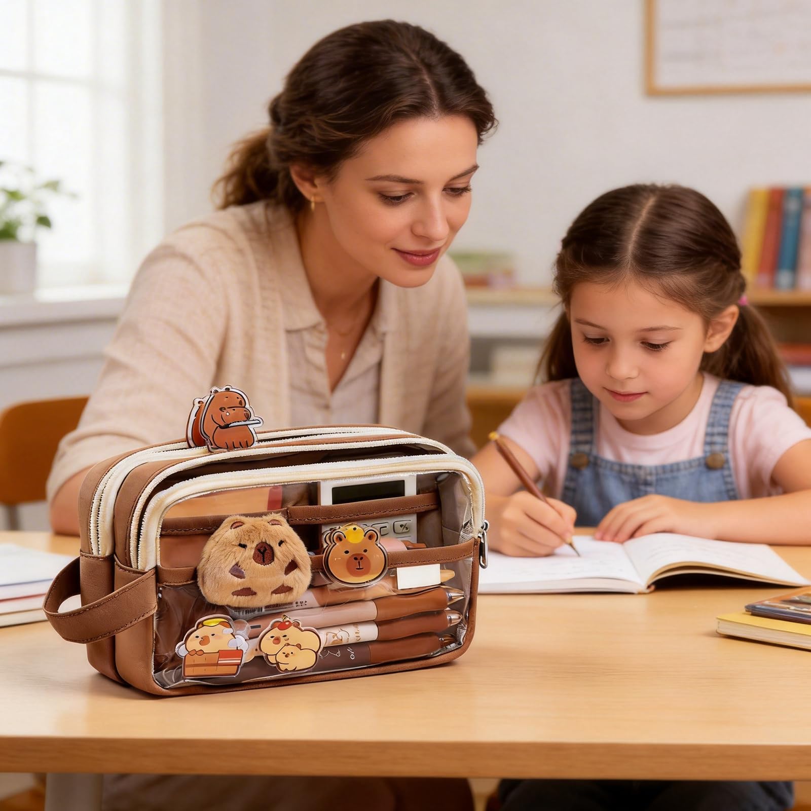Trousse Capybara Kawaii Ensemble Papeterie avec Stylo Règle Autocollants Pins Porte-clés Blocs-Notes Grande Capacité Bureau École