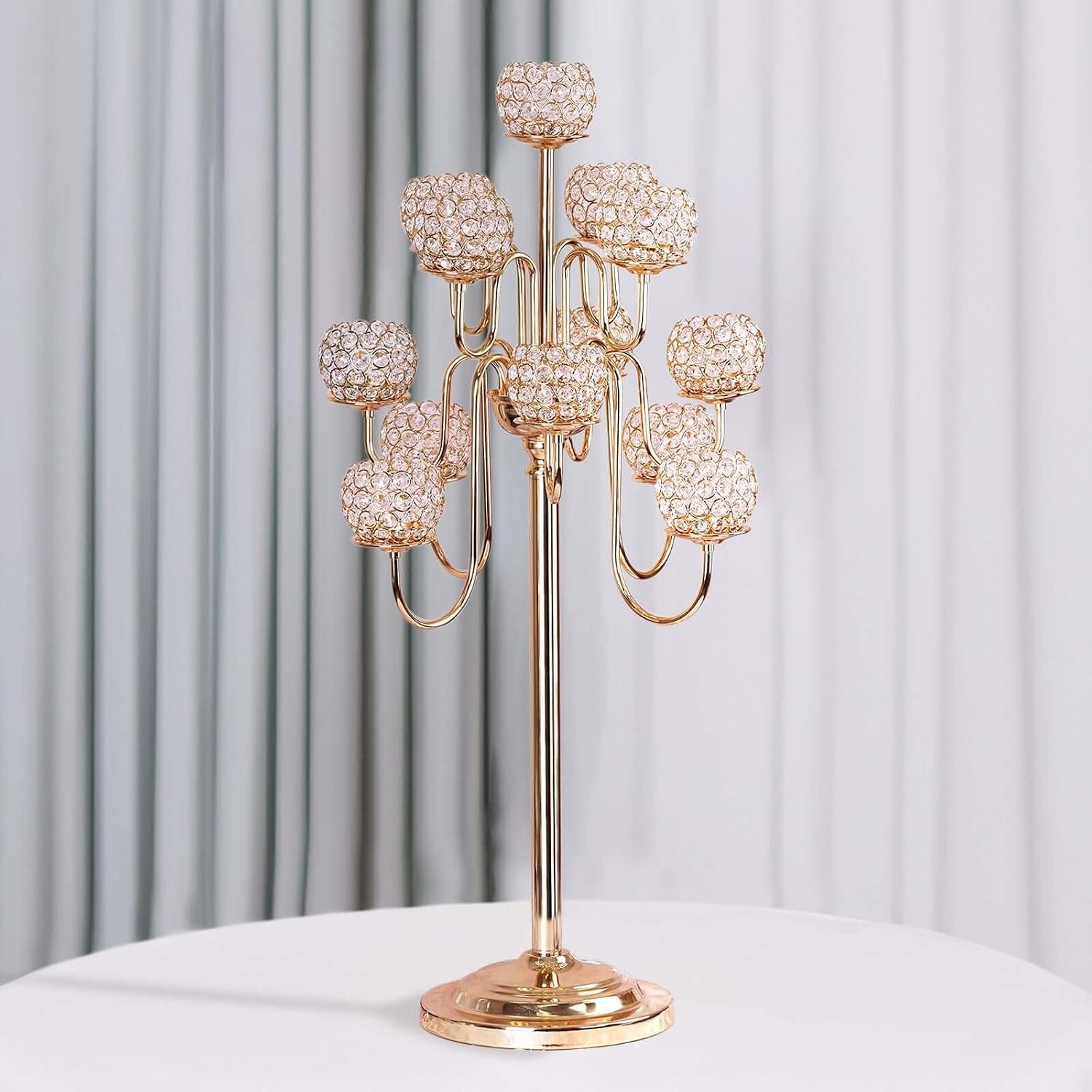 Efavormart 40" Tall 13 Arm Gold Metal Crystal Beaded Candelabra Centerpiece, Luxury Goblet Votive Candle Holder for Weddings, Gala Events, and Grand Receptions
