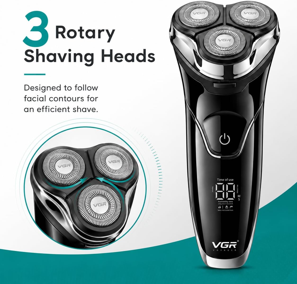 VGR 318 Electric Razor for Men, Rotary Shaver 3 Head Rechargeable Wet Dry Waterproof Mens Shaver with LED Display, Long Runtime Travel Grooming Kit