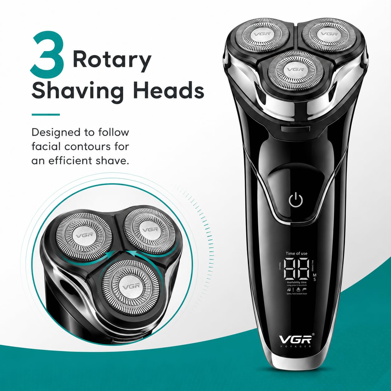 VGR 318 Rasoio Elettrico Senza Fili per Uomo, Testina 3D Girevole, Rifinitore Integrato Estraibile, Impermeabile IPX6, Blocco Anti-Viaggio, Display Digitale LED