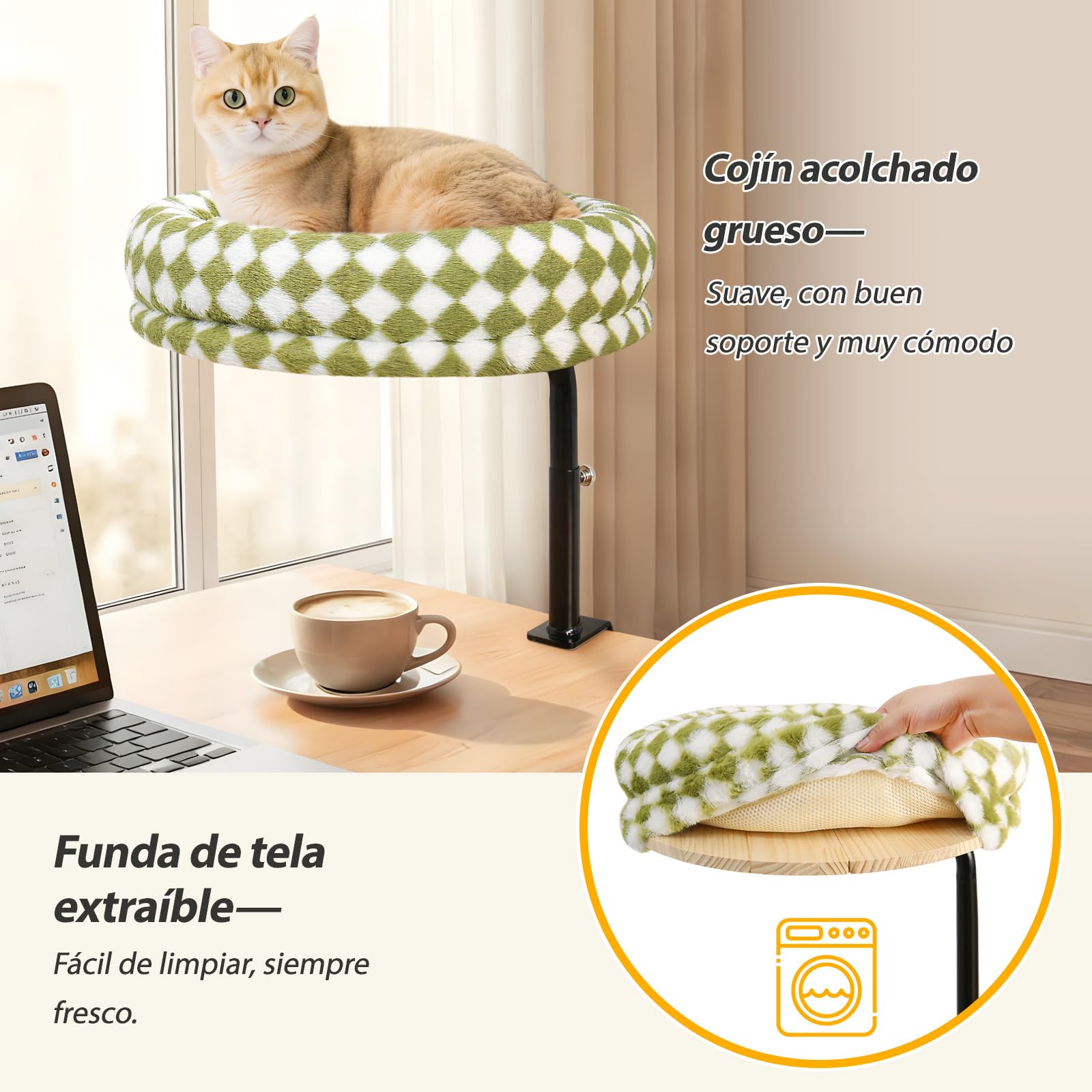GUUSII HOME Cama Gato de Escritorio Giratorio 360° y Altura Ajustable Camas Hamaca para Gatos hasta 18kg Fácil Montaje Percha Asiento Gatitos Sin Perforaciones Lavable a Máquina Cat Desk Bed（Verde）