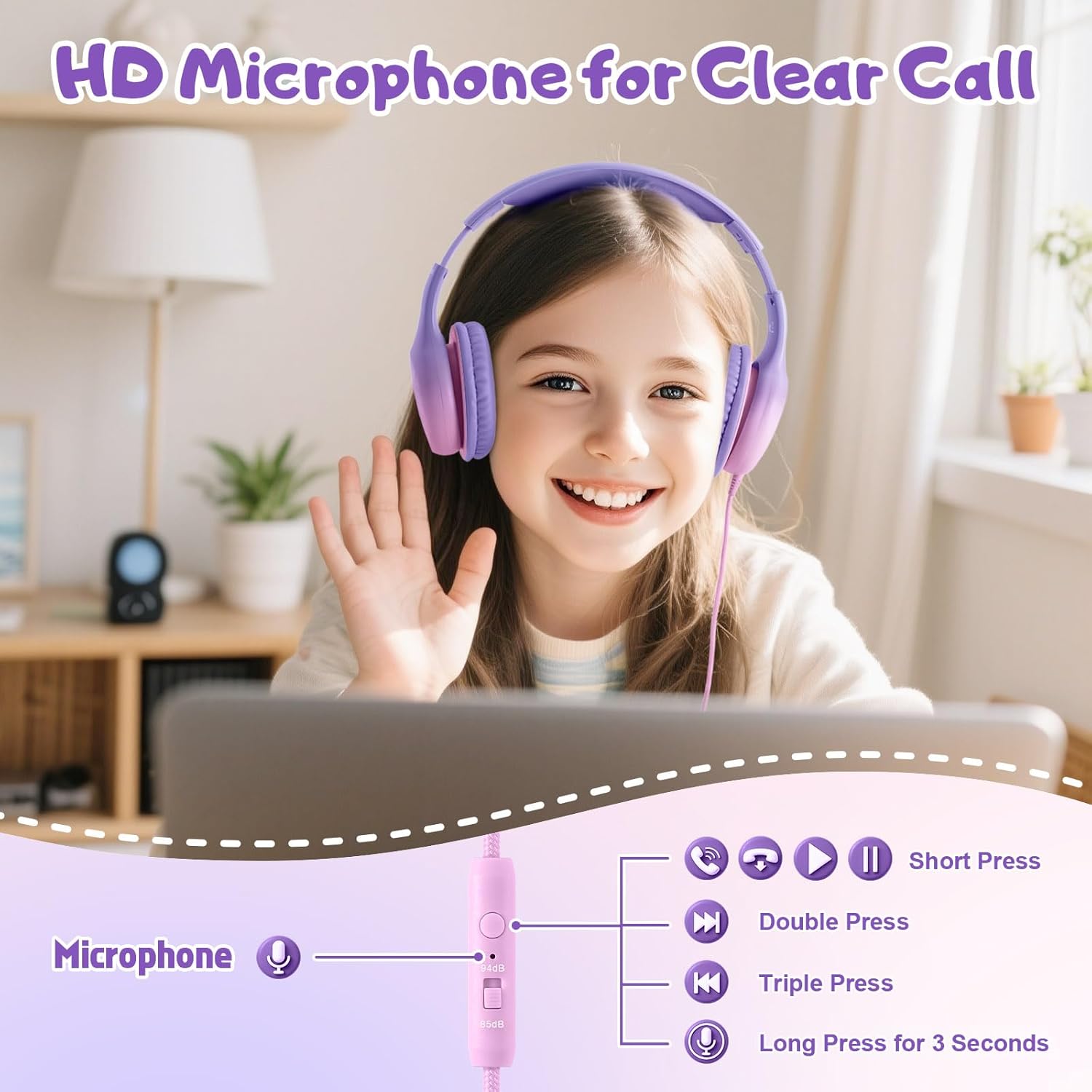 Voopwink USB Type C Kids Headphones, Wired Headphones for Kids with Microphone 85/94dB Volume Limit, Stereo Sound Portable Over Ear Headphones for School/Travel/Tablet/iPad, Violet Pink