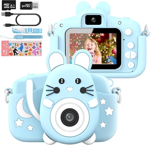 Kids Camera for boys with Silicone Case, 20.0MP Rechargeable Kids Digital Camera with 2.0 Inch IPS Screen 1080P Video Camcorder, 32GB SD Card, Selfie Childrens Camera for Boys & Girls Age 3-12, Blue