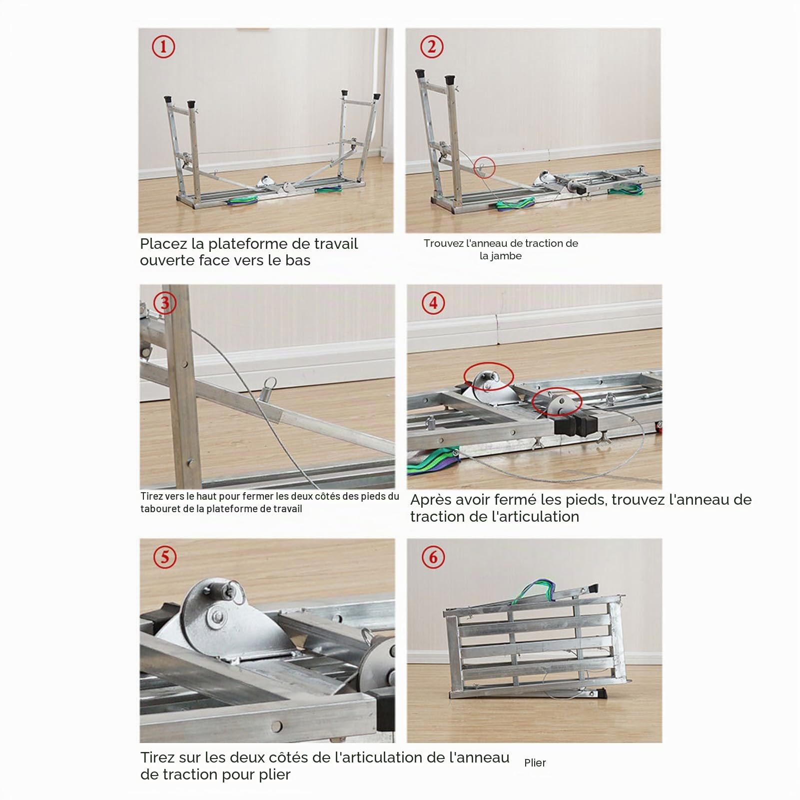 Ausla Plateforme de travail pliable réglable, structure en aluminium, banc d'échelle, pour cloisons sèches, capacité de maximale 200 kg, hauteur réglable 60 à 90 cm,