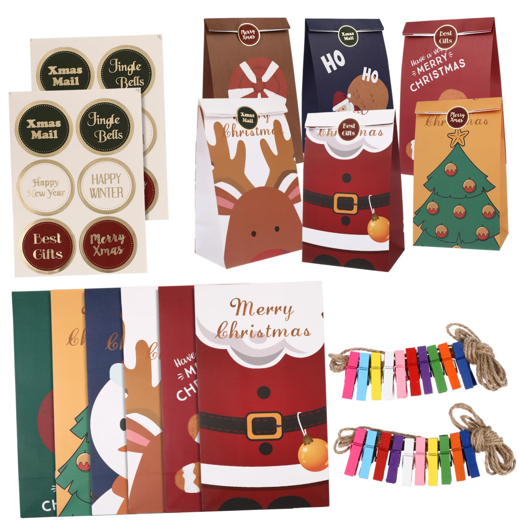 BCOATH 12pezzi Borse Di Natale Colorate Con Clip e Adesivi Da Sacchetti Per Caramelle e Regali Per Festeggiamenti e Decorazioni Natalizie
