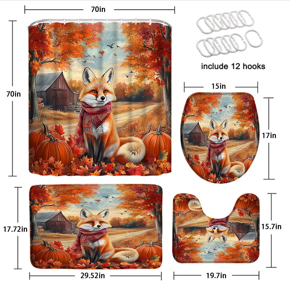 MZYZAF 4pcs Fall Fox Bathroom Set with Non-Slip Rugs,Toilet Lid Cover, Contour Rug All Rustic Farmhouse Animal Pumpkin Maple Tree Barn Autumn Country Nature Landscape