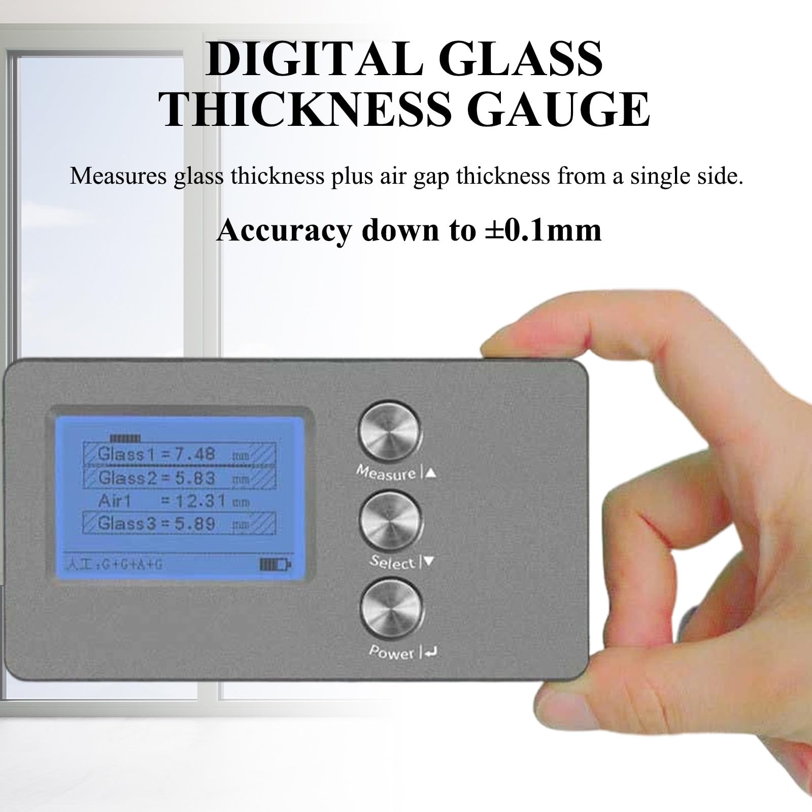 Medidor de grosor de vidrio, medidor de grosor de vidrio aislante con pantalla HD retroiluminada, rango de grosor de 70 mm, precisión de 0,1 mm, para medición unilateral