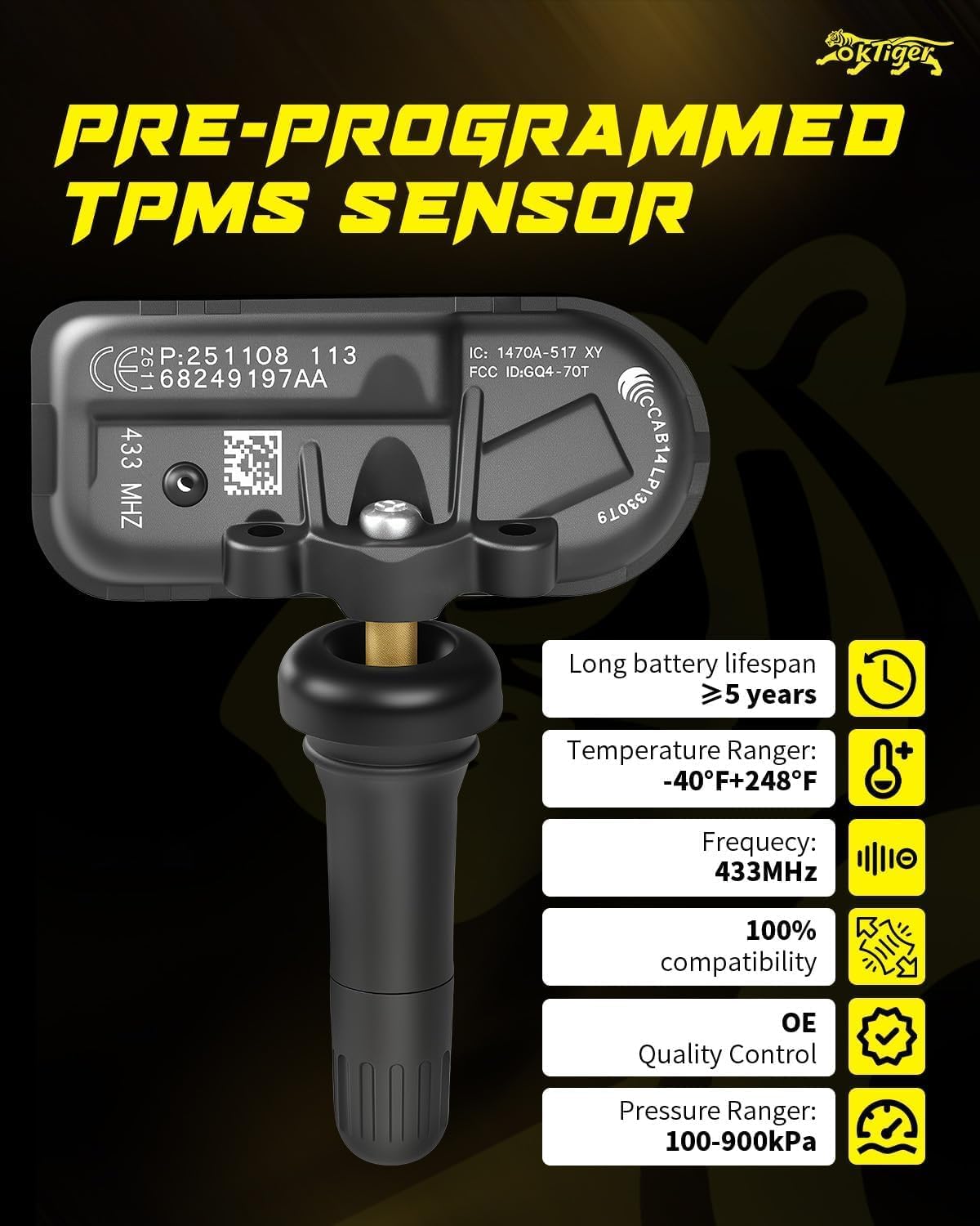 Oktiger 433MHz Pre-Programmed TPMS Sensor Fits for Jeep Cherokee 2014-2021, for RAM 1500 2014-2018/2500 2014-2021/3500 2014-2021, Tire Pressure Sensor OE# 68249197AA