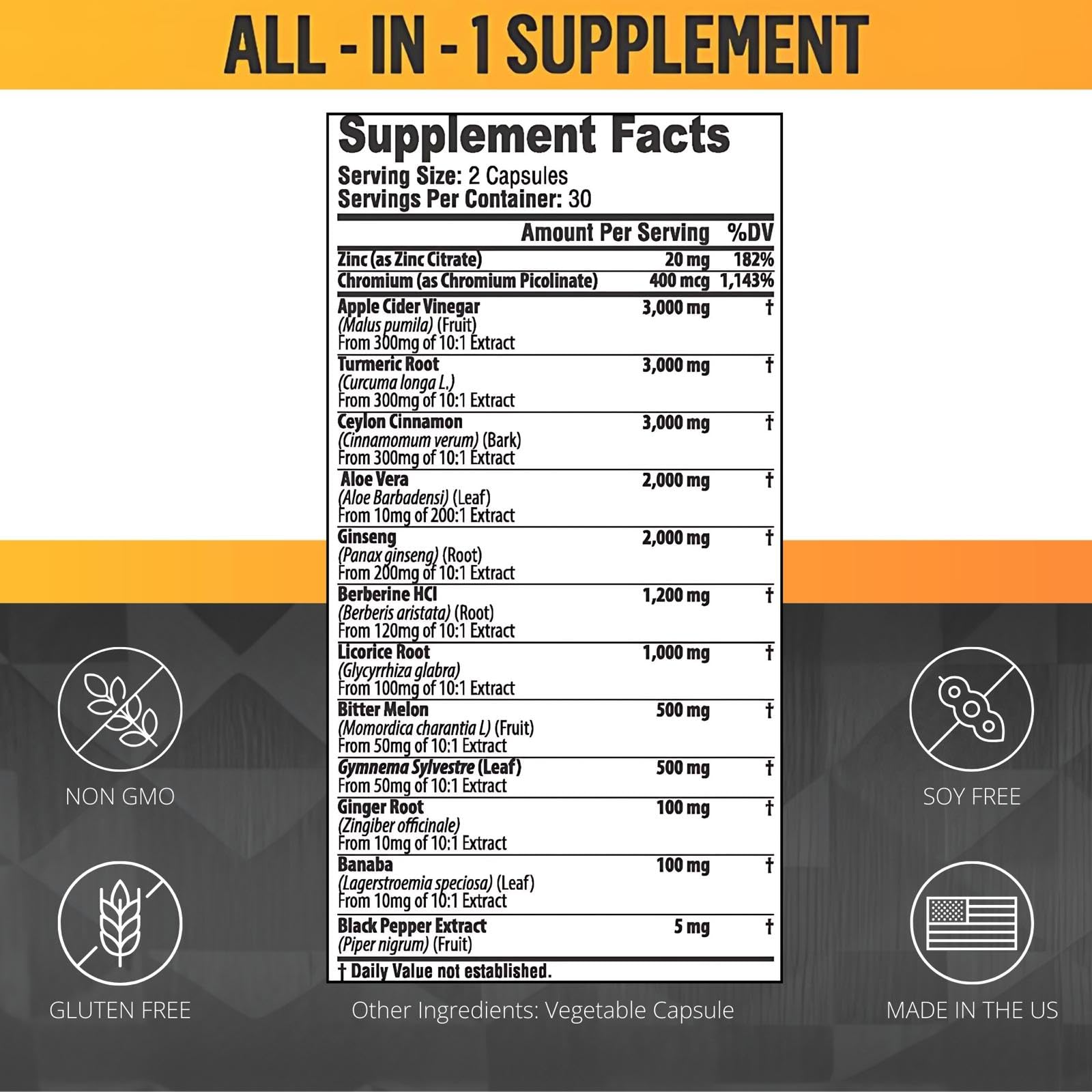 Ceylon Cinnamon Capsules 3000mg Turmeric 3000mg Apple Cider Vinegar 3000 mg Ginseng 2000mg Aloe Vera 2000mg Berberine Supplement 1200mg + Banaba | Bitter Melon | Gymnema | Ginger Root - 60 Count — Amazon image 3