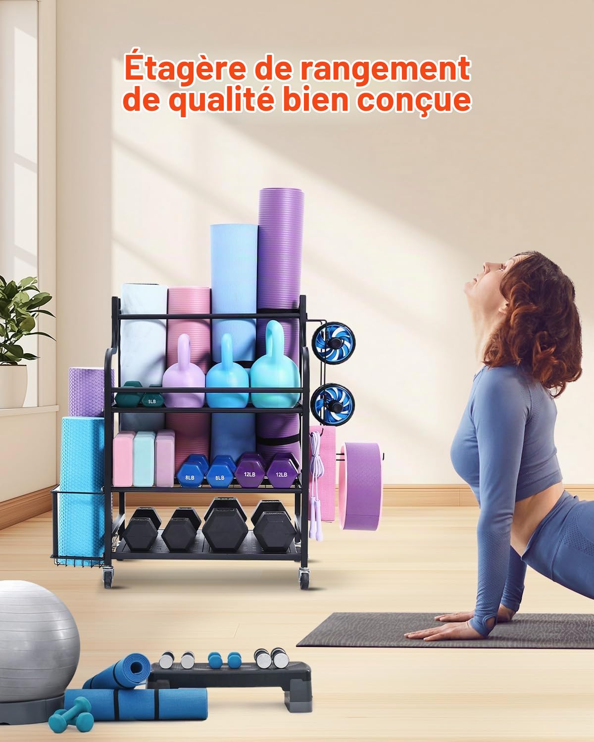 VEVOR Support pour Tapis de Yoga 3 Niveaux, Organisateur de Matériels d'Entraînement en Acier avec Revêtement en Poudre, Chariot de Rangement Sportif avec Crochets, pour Haltères, Kettlebell, Gym