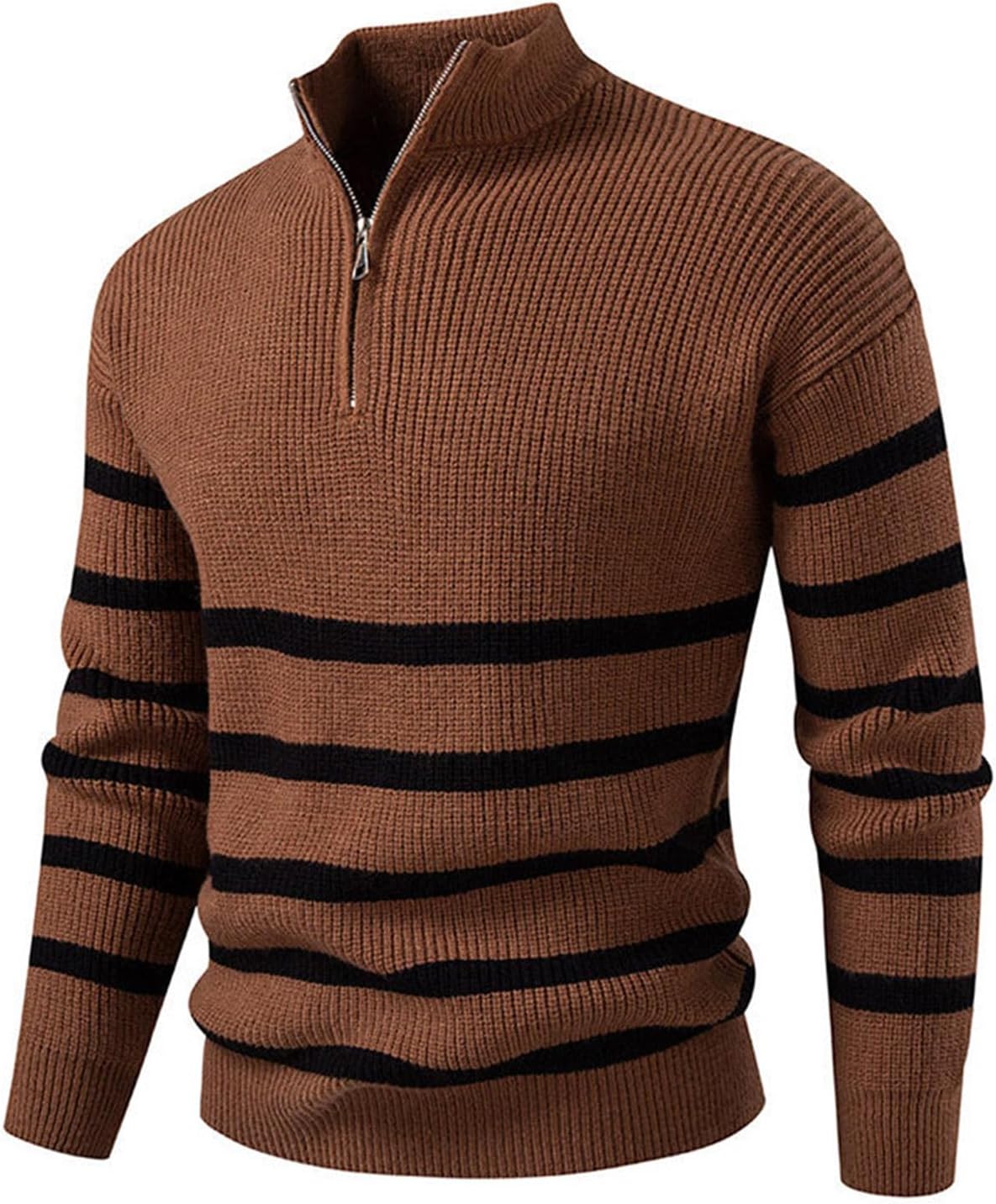 RTRDE Men's Sweaters Long Sleeve Striped Mock Neck Slim Fit Ribbed Knit Pullover Casual Sweater, M-3XL