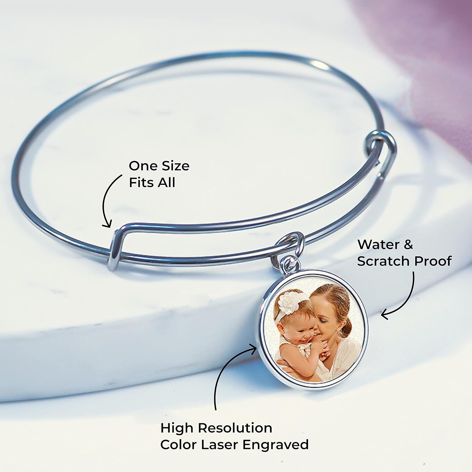 PicturesOnGold.com Expandable Engraved Charm Photo Bracelet with picture - One Size Fits All Personalized Photo Engraved Circle Bracelet - Gold or Silver Tone - Image 3