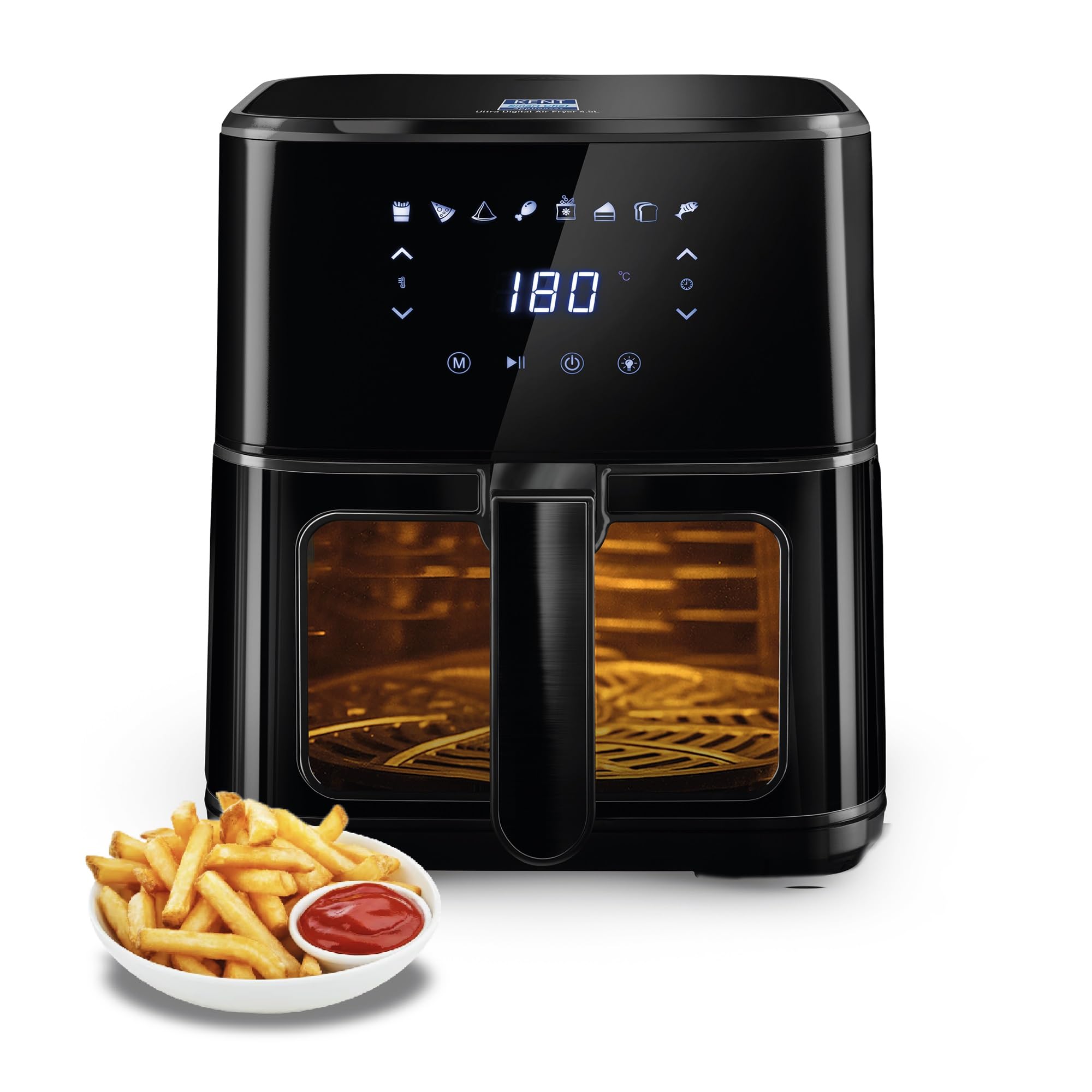 KENT Ultra Digital Air Fryer 4.5L |1500W| Bake, Grill & Roast | Up to 80% Less Oil Usage |8 Preset Menu|Rapid Heat Circulation |Digital Display & Touch Control Panel |Glass Window with in built Light