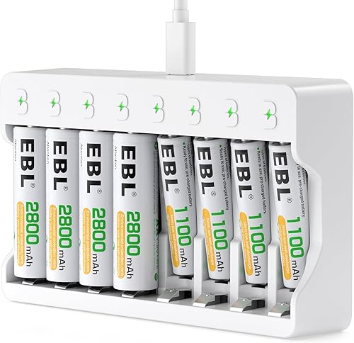Baterías AA recargables de EBL 2800mAh (4 paquete) y AAA NI-MH Batilías recargables 1100mAh (4 paquete) con 8 bahías AAA AAA Cargador de batería individual