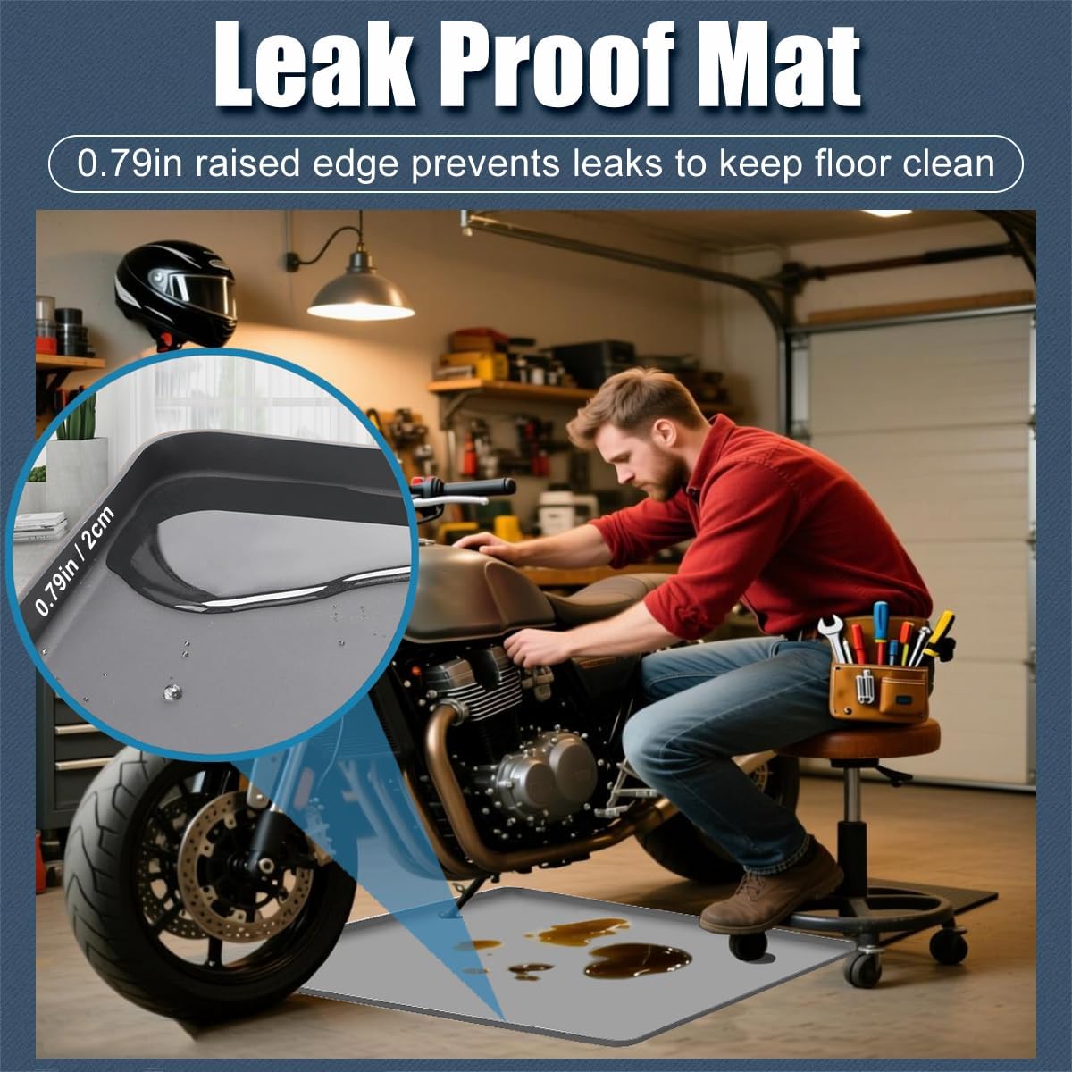Motorcycle Mat Motorcycle Oil Spill Mat Oil Drip Pan Under Car, Garage Floor Mats Soft Silicone Bike Mats with Raised Edge, Liquid Drain Pan Motorbike Tray, Liquid Catch Parking Pad For Leaks Non-Slip