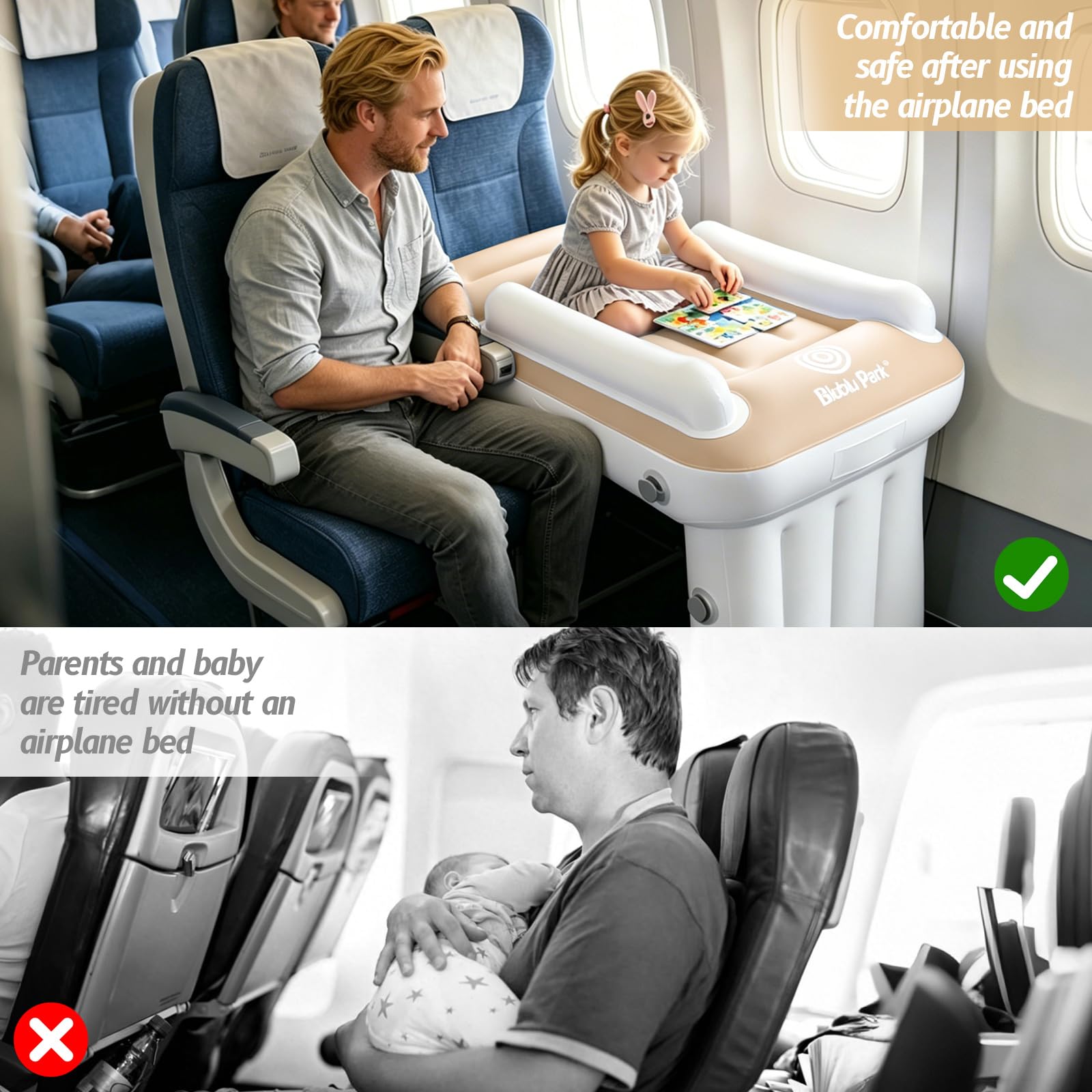 Letto aereo per bambini, lettino da viaggio per bambini, estensione del sedile dell'aereo con lati alti, letti gonfiabili portatili, adatto per sedile del volo, auto, treno (crema)