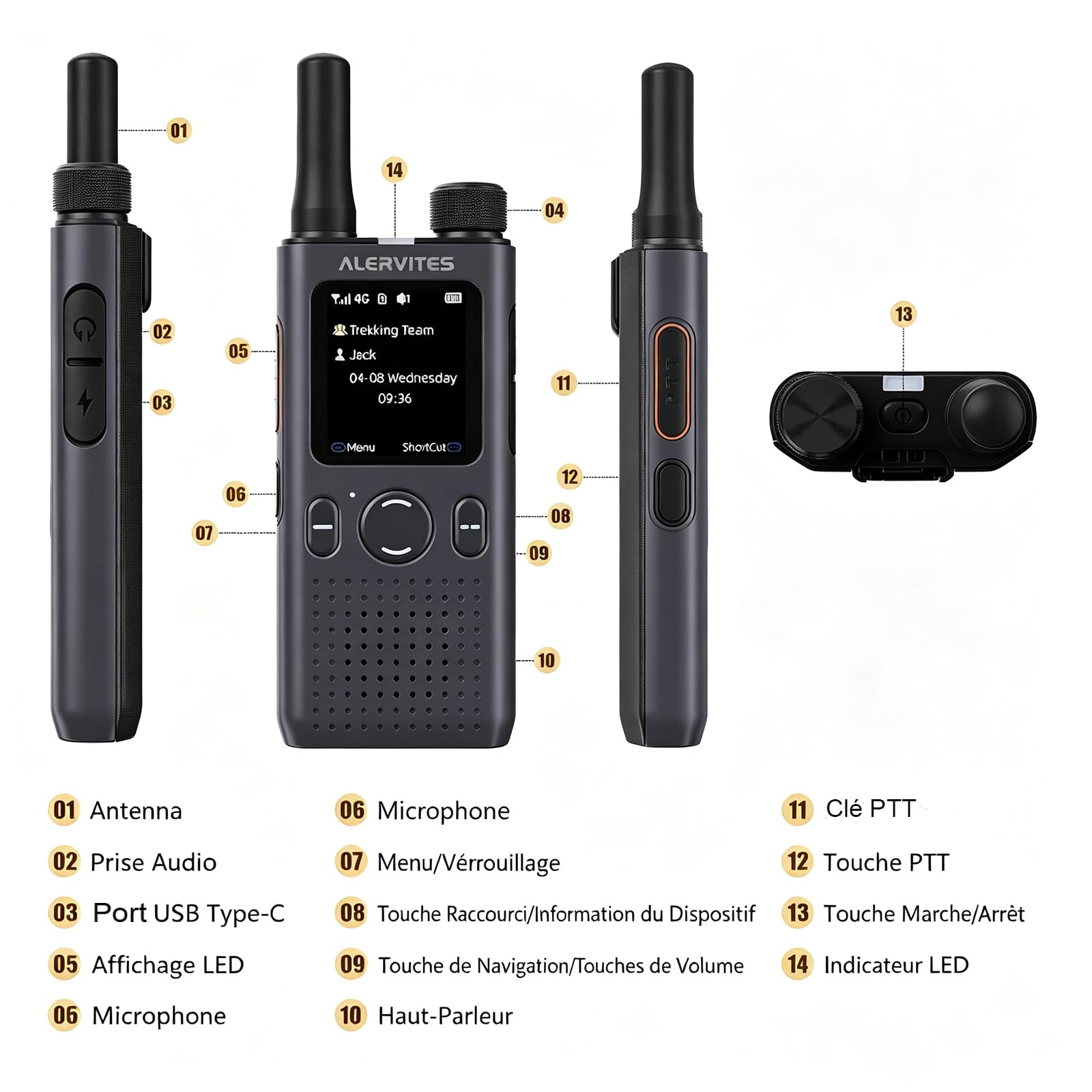 POC-AT1 Talkie Walkie Nationwide 4G/5G Network Radio No Distance Limit Ola APP Setting Long Range POC Two Way Type-C Charge Rapide pour entrepôt extérieur (Gris)