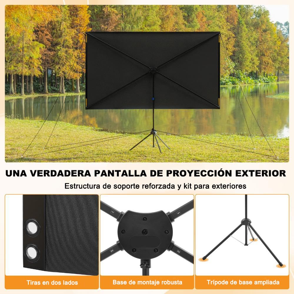Pantalla de Proyección Exterior 80 Pulgadas 16:9 4K Portátil Resistente al Viento para Cine en Casa y Camping