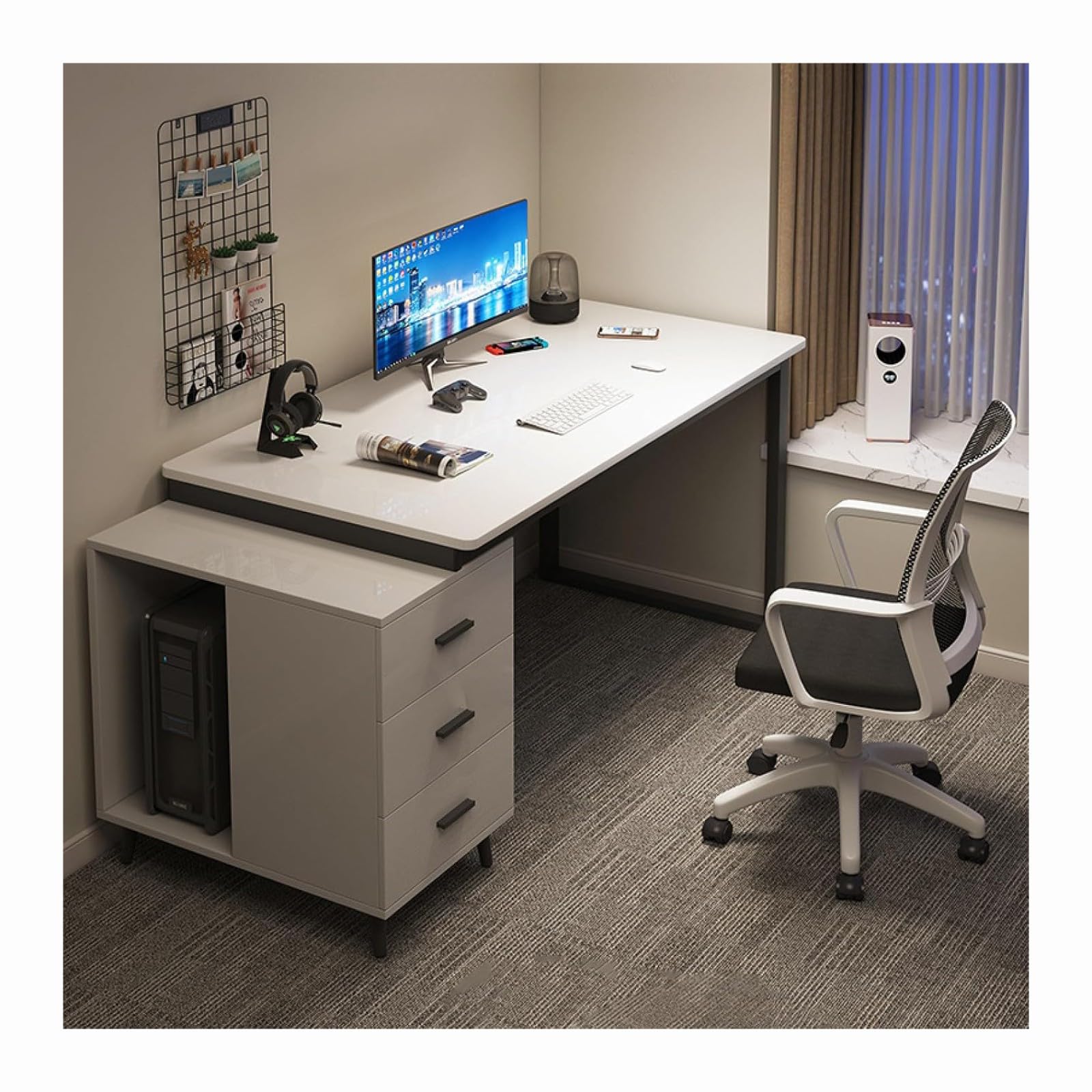 Wdsopk White Computer Desk Home Office Desk Expandable Desk With Storage Drawer, Modern Home Office Desk,For Writing Workstation Bedroom Study Furniture（-120X60x75cm）
