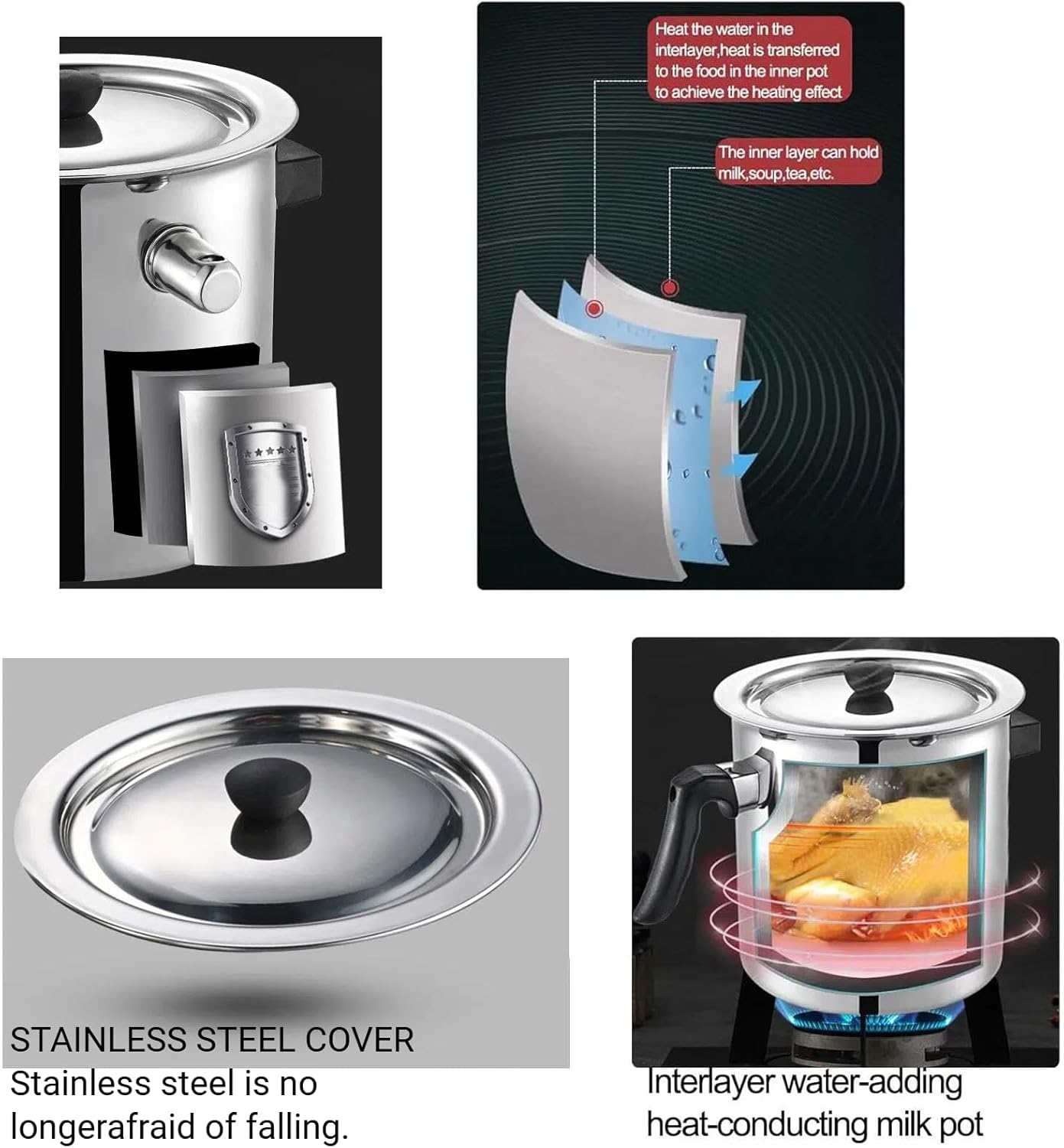 Stainless Steel Sauce Pan with Lid & Pot - 3.2QT Saucepan, Double-Walled Milk Boiler with Whistle Lid - Anti-Overflow Design, All Stovetop Safe