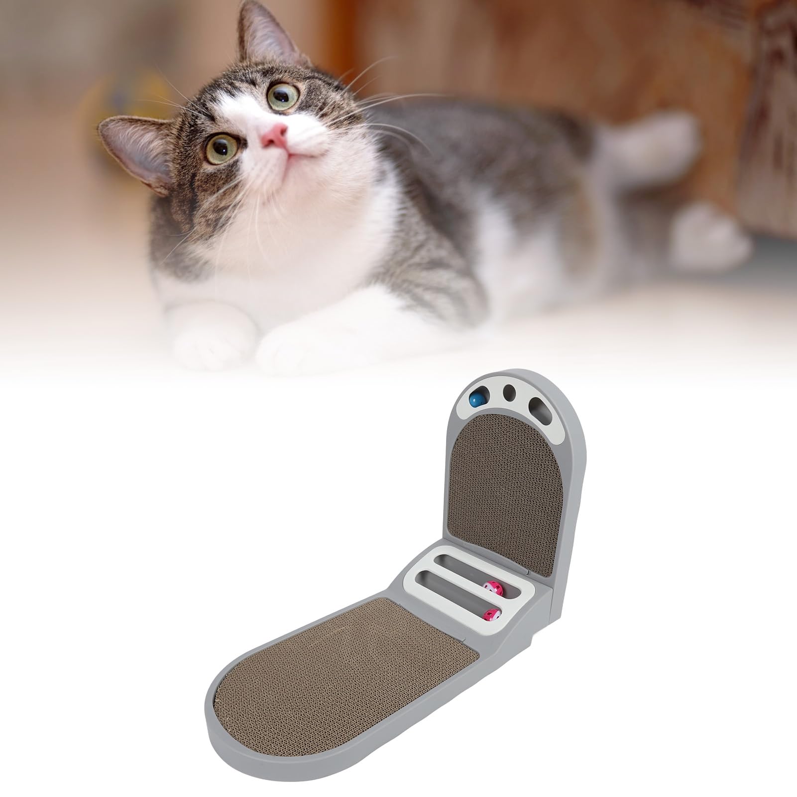L-förmiger Katzenkratzer Aus Karton – Doppelseitig, Mit 2 Ballspielzeugen, Platzsparend Für Wand Oder Couch