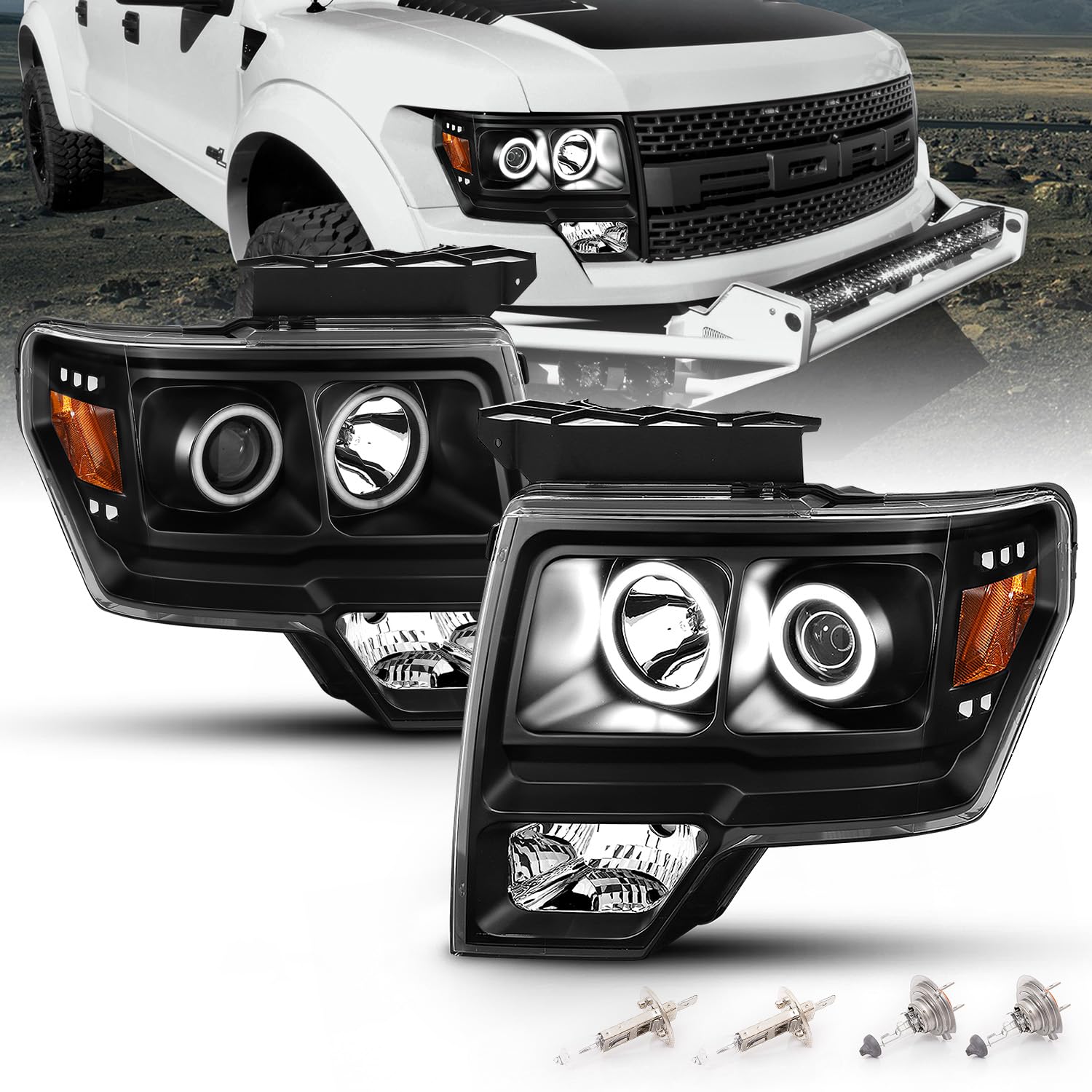 AmeriLite Dual Xtreme LED Halo Rings Black Replacement Projector Headlights for 2009-2014 Ford F150 Pickup - Passenger and Driver Side