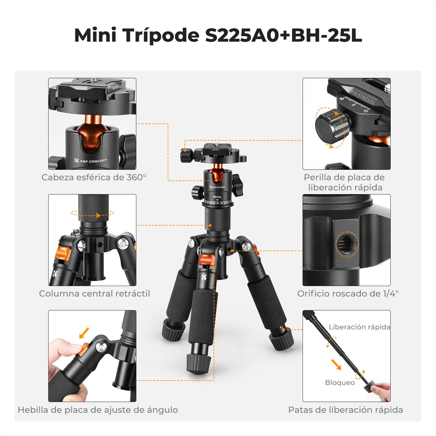 K&F CONCEPT Mini Trípode Portátil S225A0+BH-25L Trípode de Sobremesa 50cm para DSLR, Cámara Réflex Digital, Teléfono Móvil, con Clip para Teléfono y Placa de Liberación Rápida de 1/4 ''