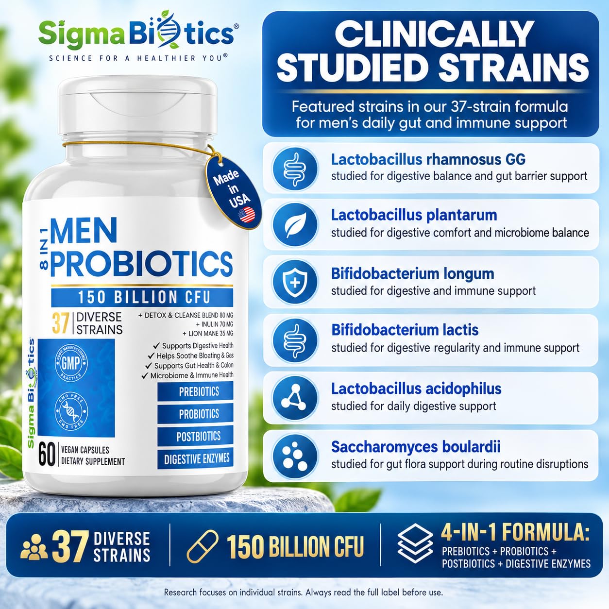 Probiotics for Men 150 Billion CFU 37 Strains + Organic Prebiotics, Enzymes — Amazon image 2