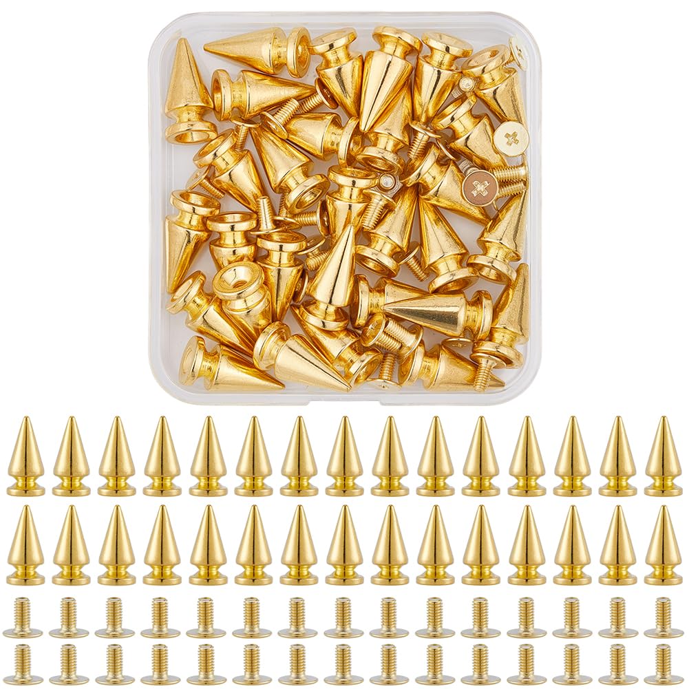 GORGECRAFT Set of 30 Spike Rivets Golden Cone Punk Round Spikes Rivets 19.5 mm Small Screw Rivets for Screw-On Cone Long Metal Spikes for DIY Crafts Clothing Jackets Leather Shoes