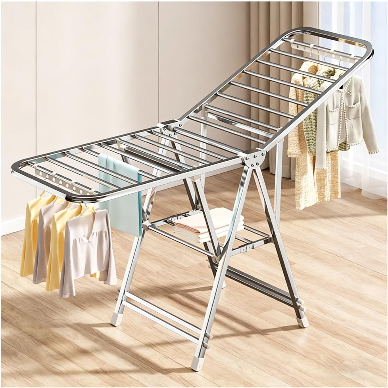 Adjustable Double-Layer Foldable Indoor Laundry Dryer Stand - 140CM/55.1in, Perfect for Drying Clothes, Towels, Sheets - Space-Saving and Versatile Design