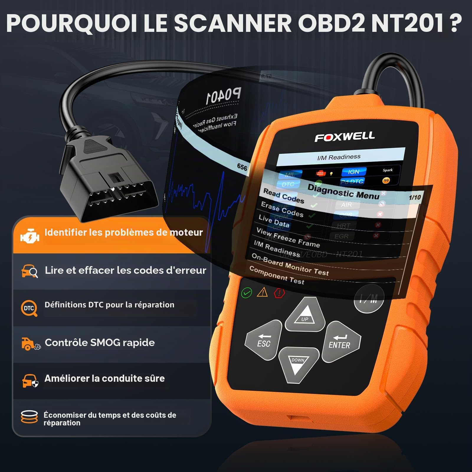 OBD2 Auto Diagnostic Scanner OBD II FOXWELL Voiture Outil de Diagnosti Multimarque en Francais OBD2 Lecteur de Code Automatique Outil de Testeur Moteur Code Reader pour OBD 2 Véhicules(NT201)